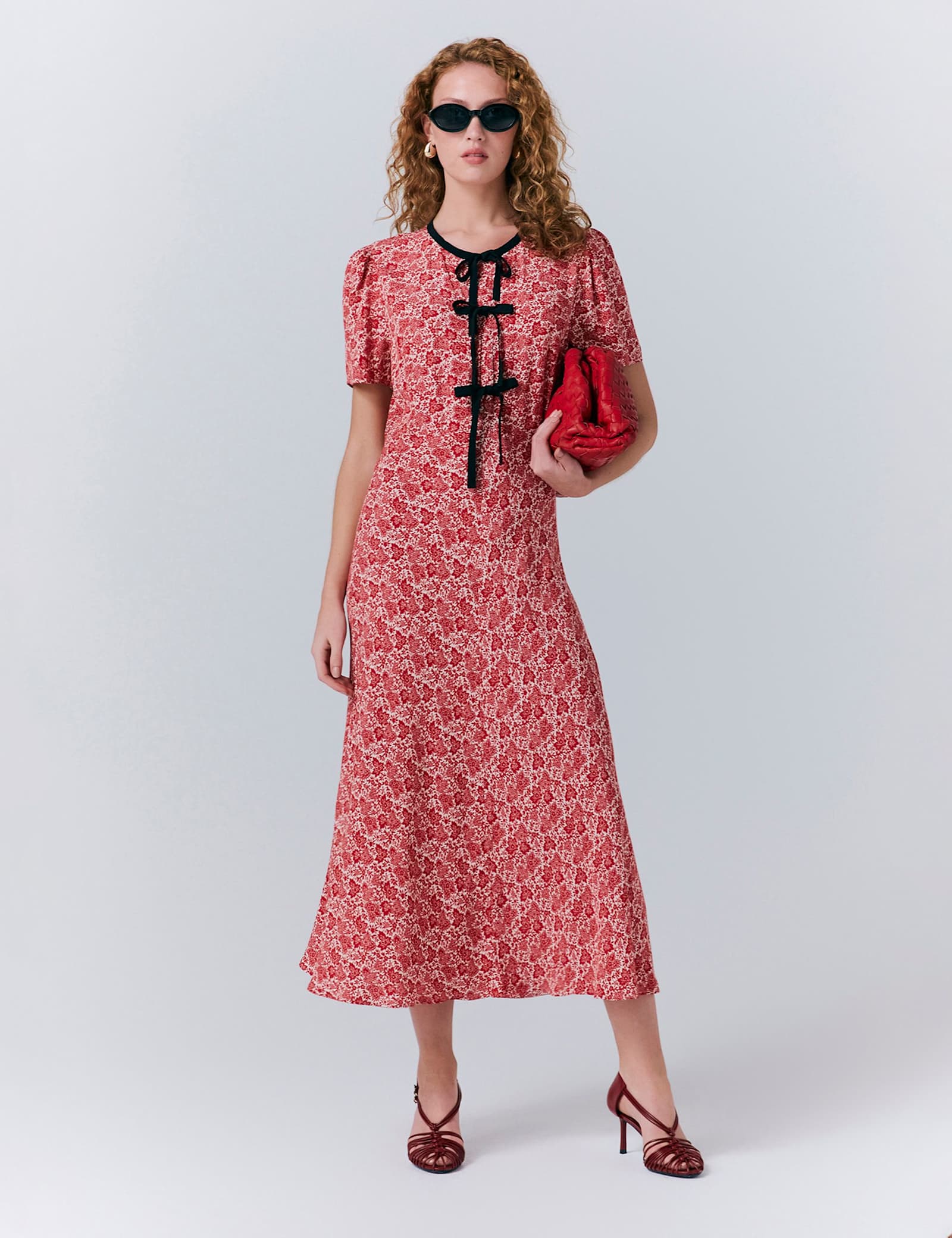 Crepe Floral Tie Front Midi Tea Dress - image 1