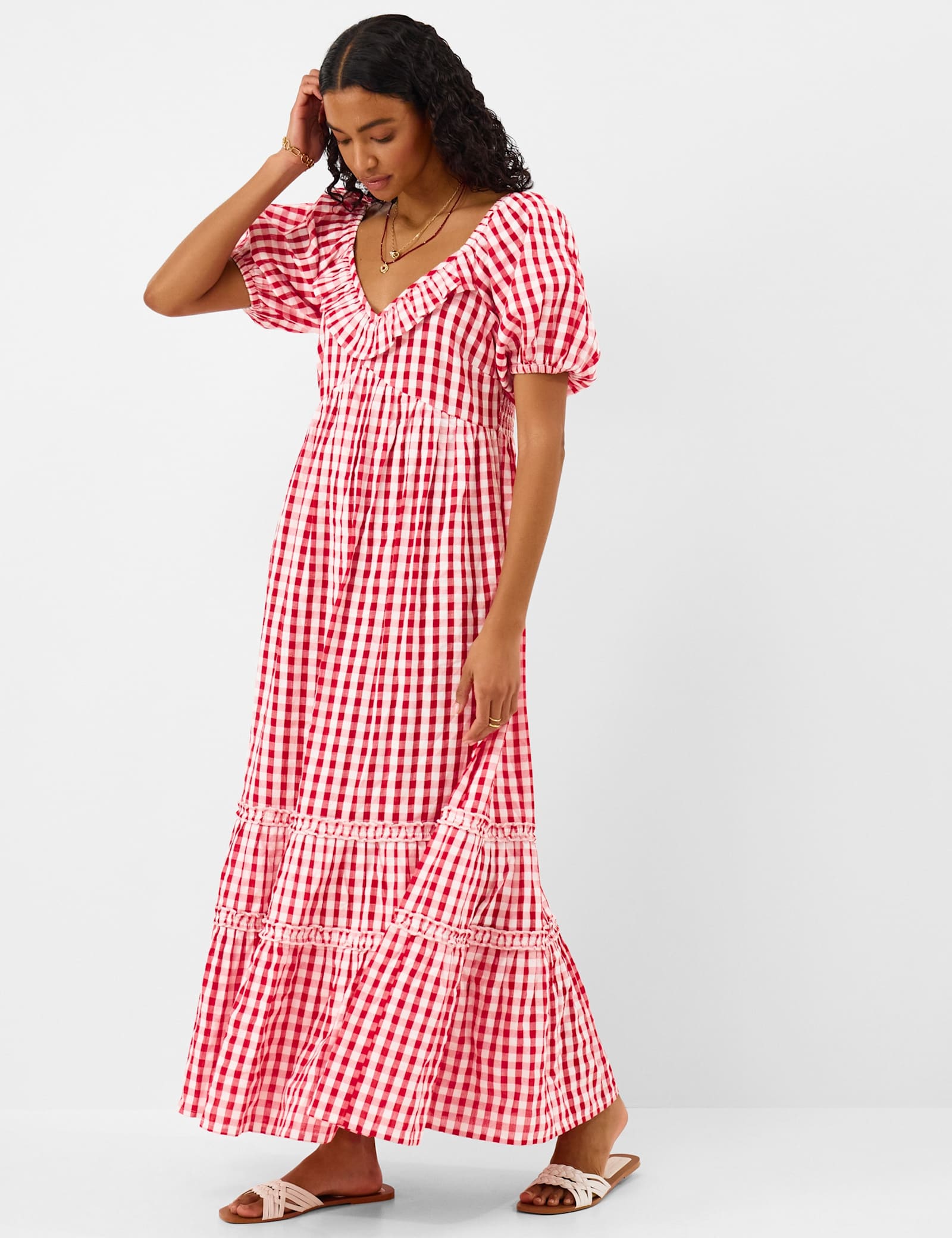 Pure Cotton Gingham Maxi Tiered Dress - image 1
