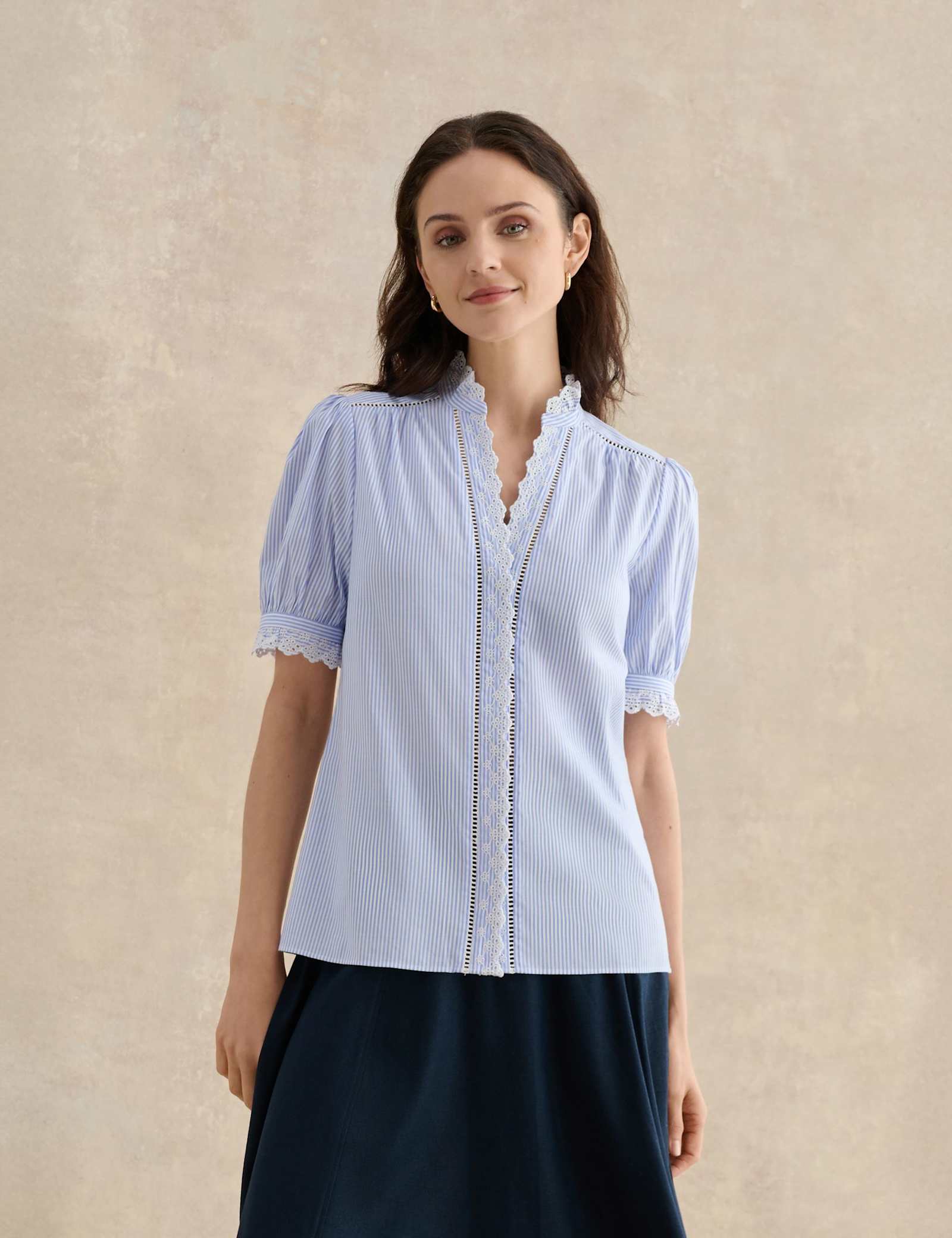 Cotton Blend Striped Broderie Detail Blouse - image 2