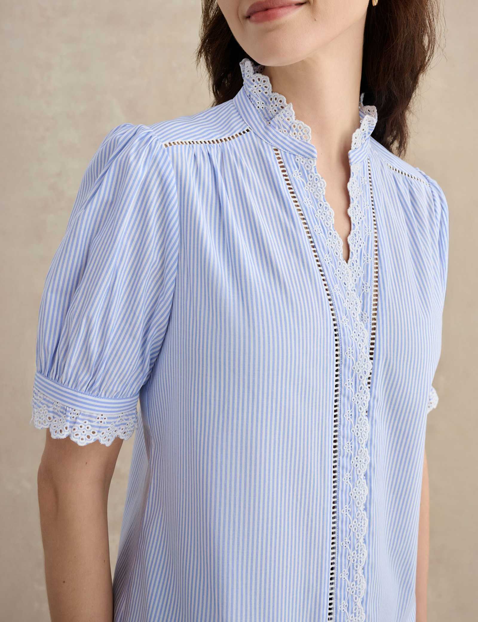 Cotton Blend Striped Broderie Detail Blouse - image 3