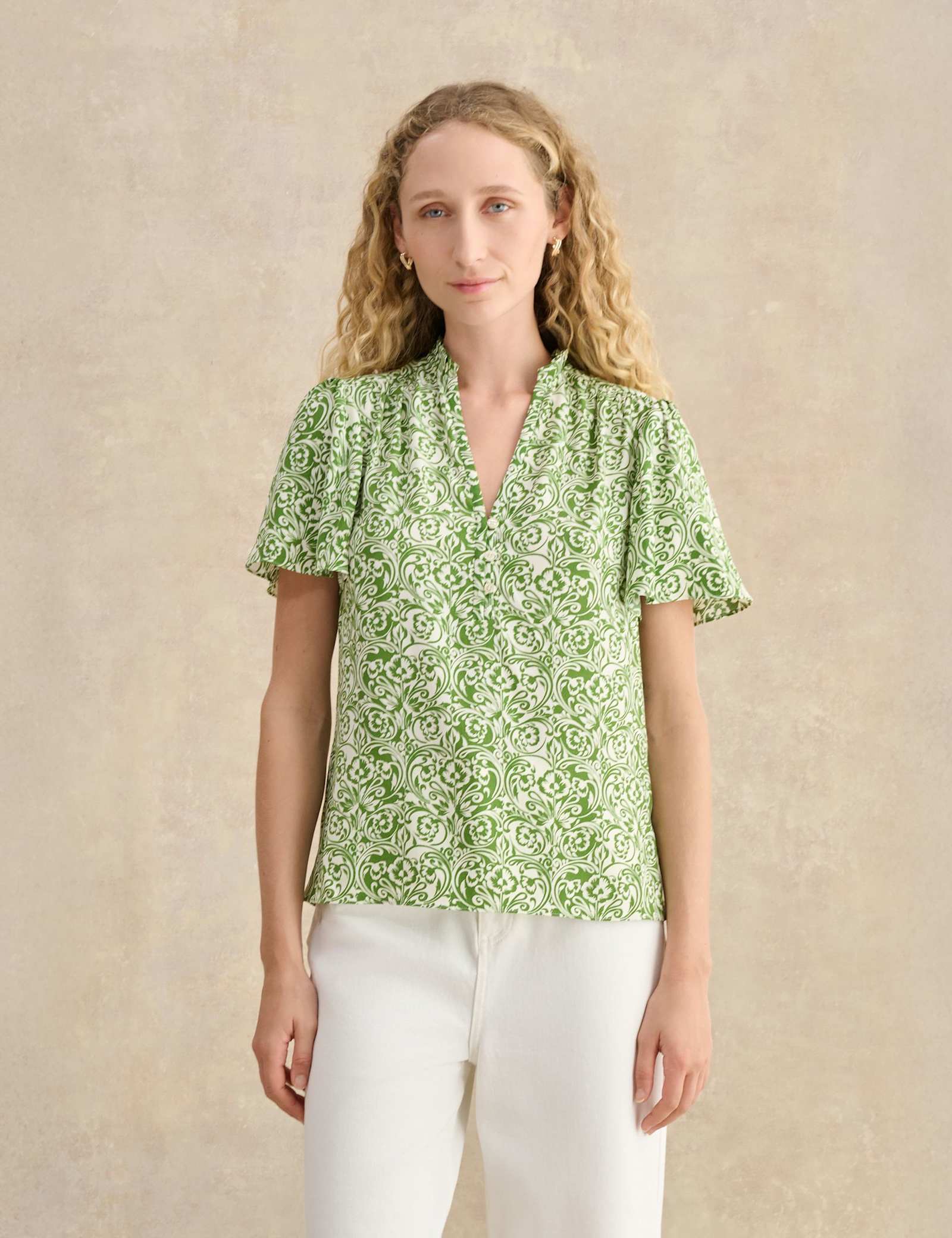 Floral Notch V-Neck Angel Sleeve Blouse - image 2