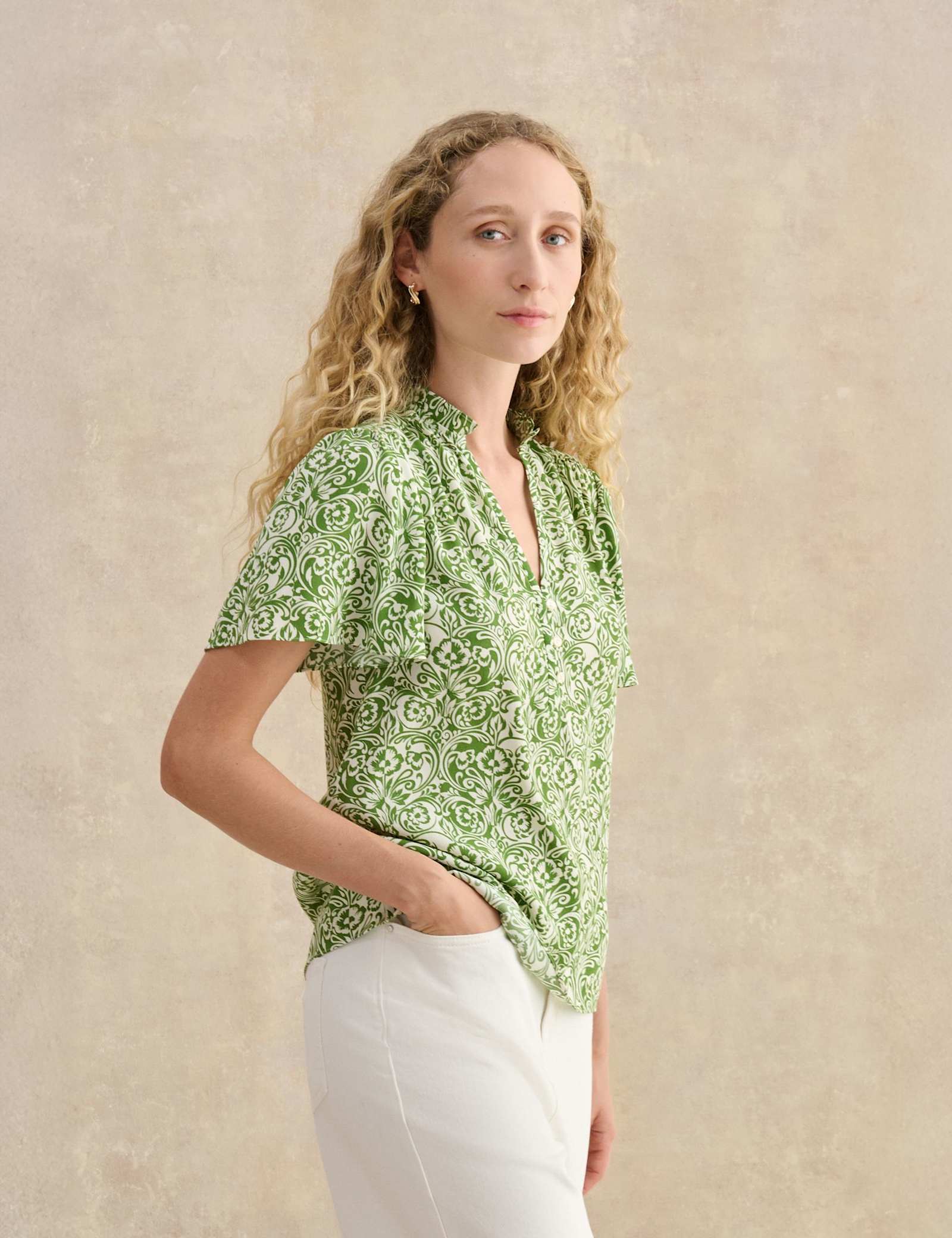 Floral Notch V-Neck Angel Sleeve Blouse - image 5