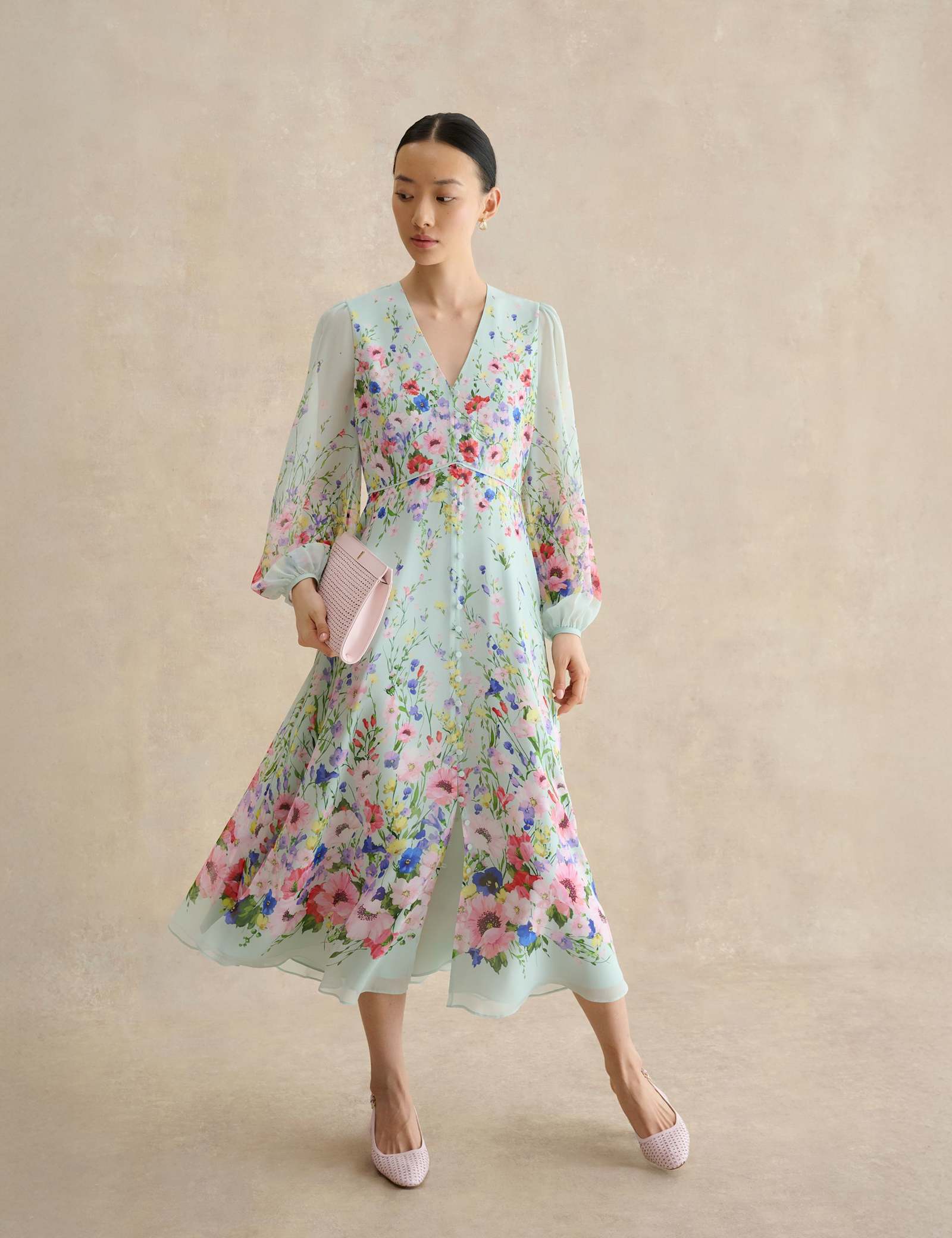 Pure Silk Floral Midi Waisted Dress - image 3
