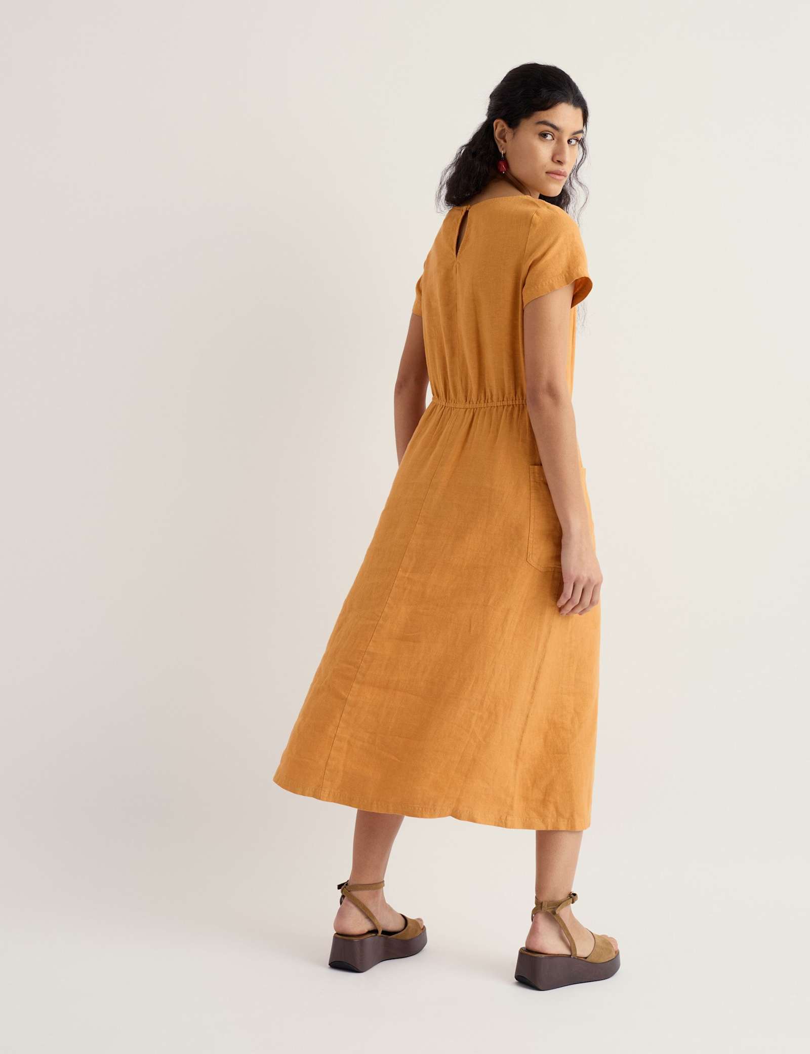 Pure Linen Round Neck Midi Waisted Dress - image 5