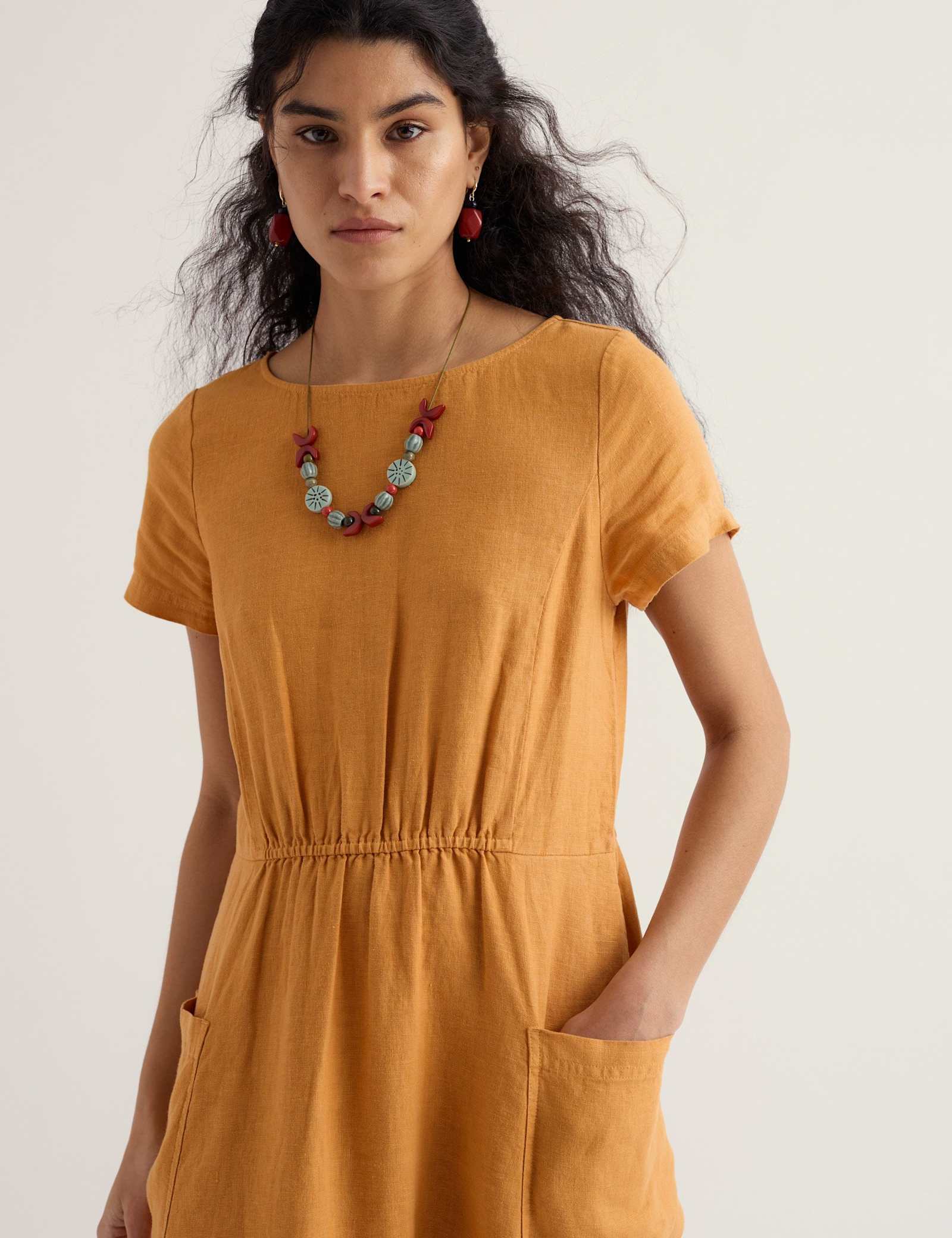 Pure Linen Round Neck Midi Waisted Dress - image 4