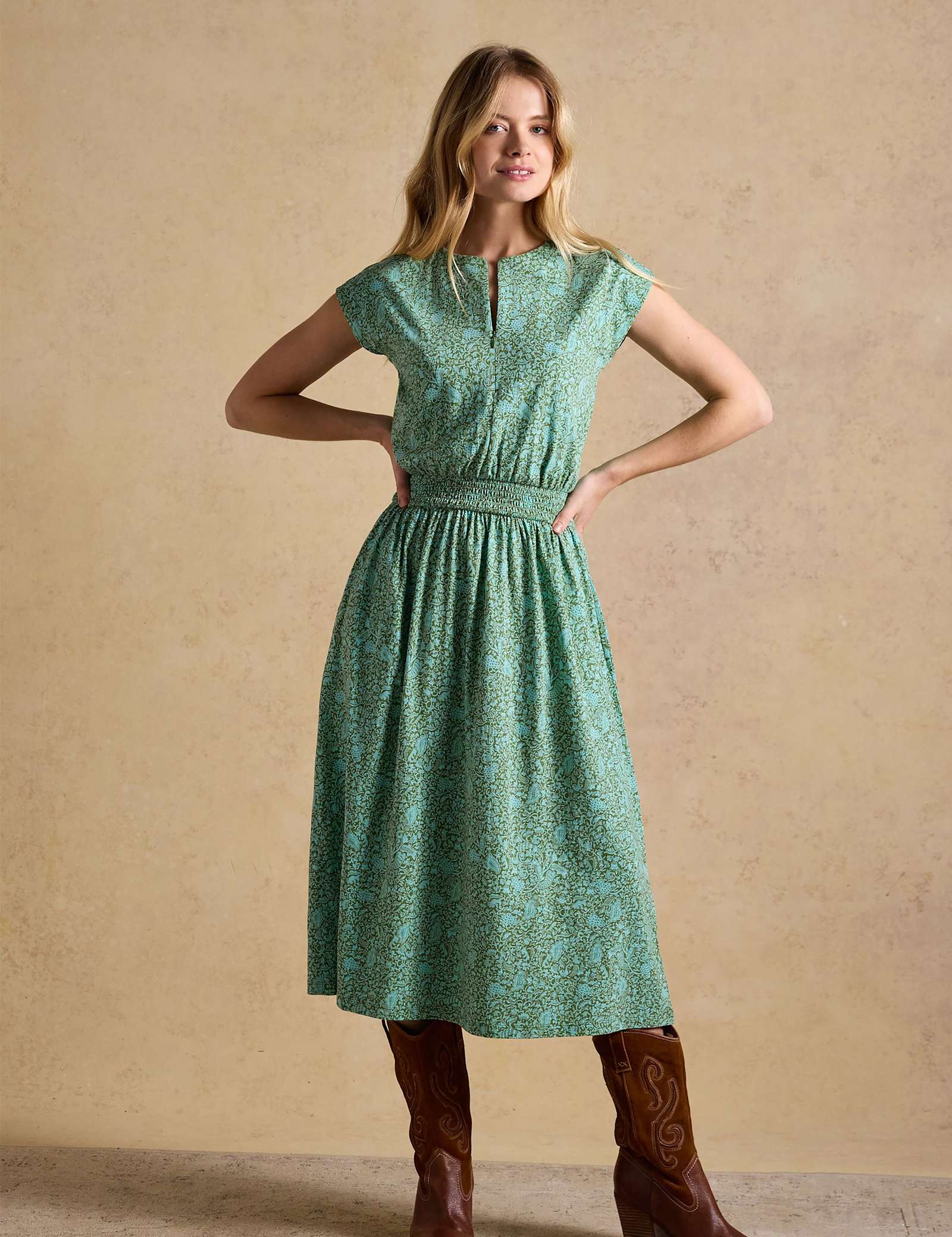 Pure Cotton Floral Midi Shirred Dress - image 2