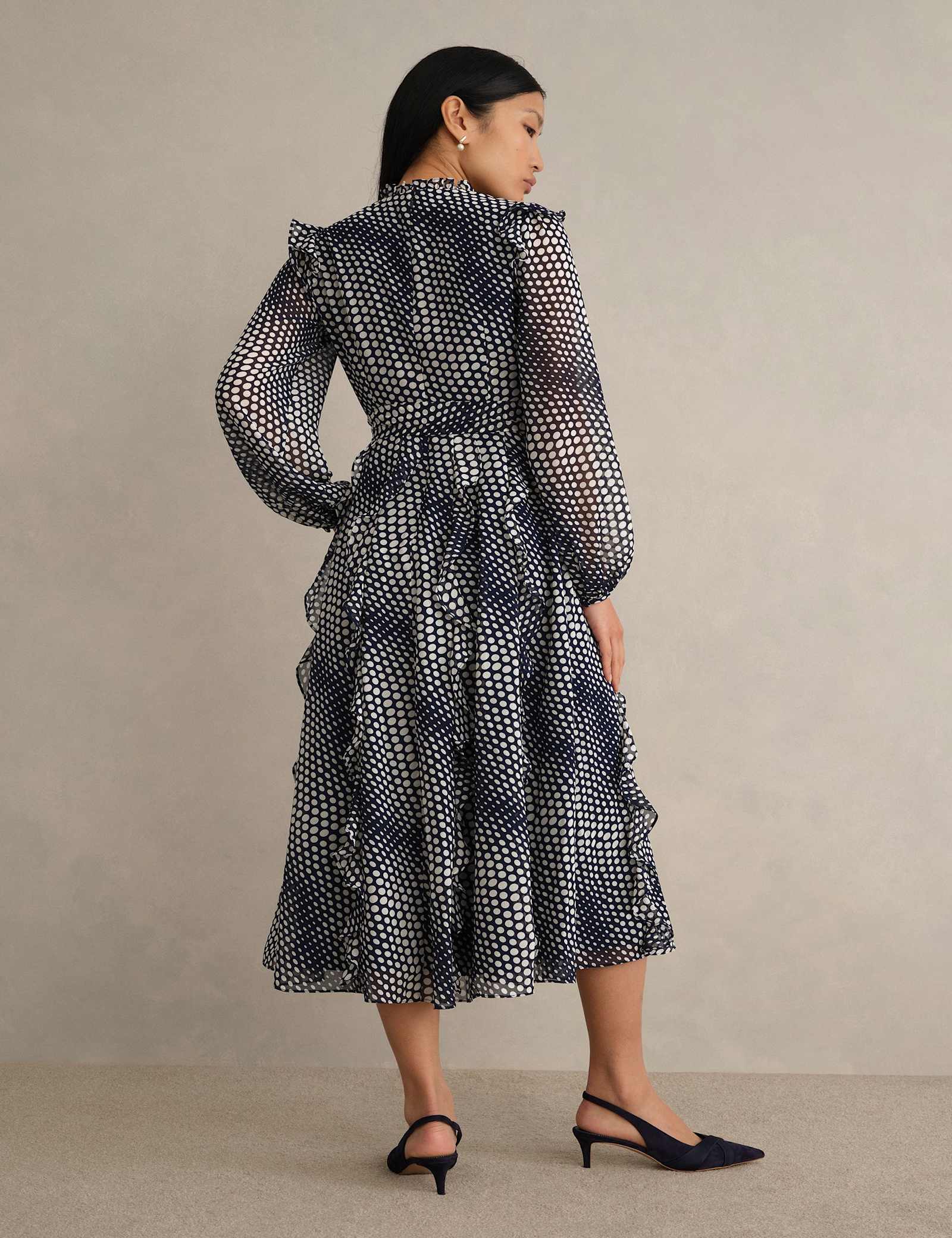 Polka Dot Ruffle Knee Length Wrap Dress - image 4