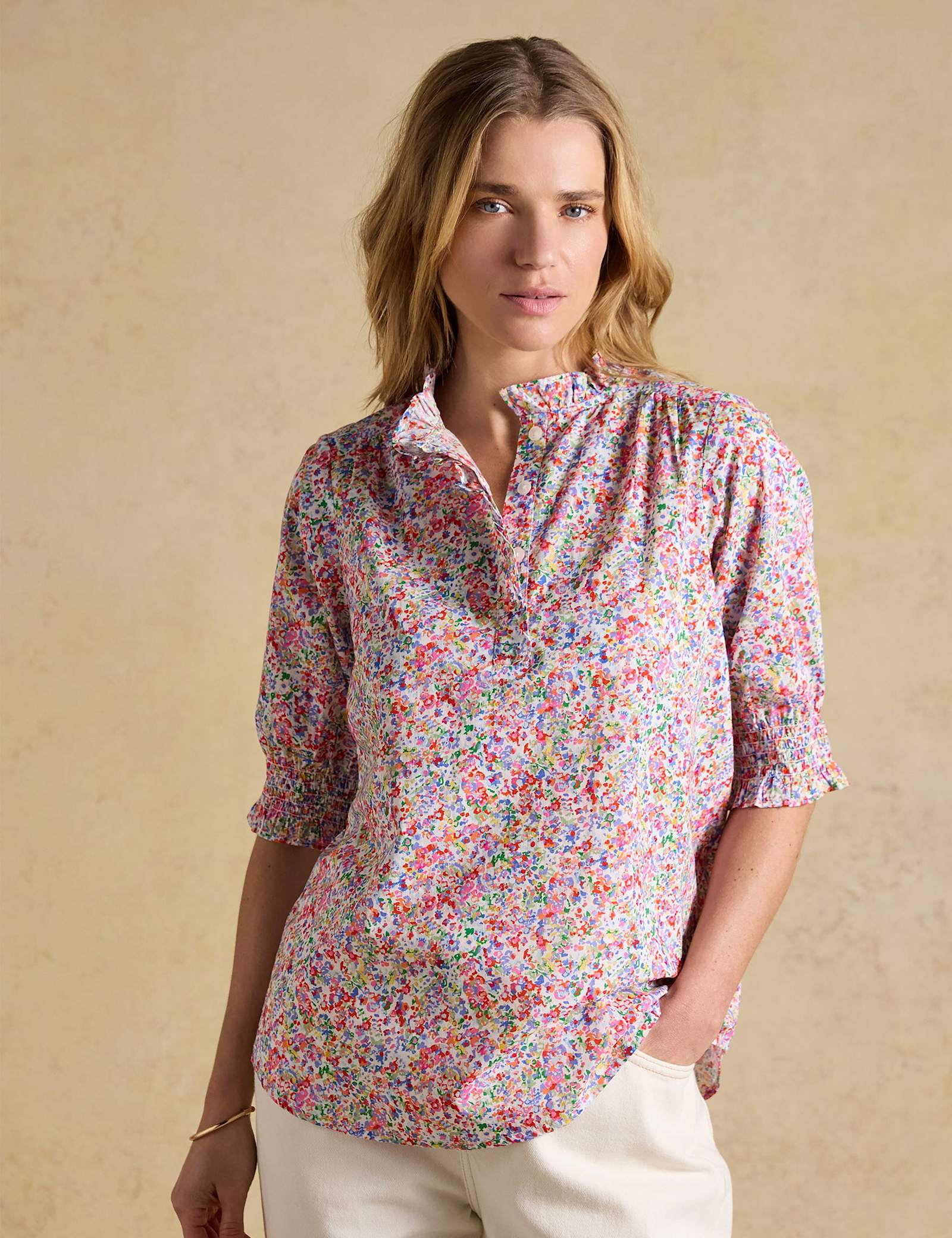 Pure Cotton Floral Frill V-Neck Blouse - image 3