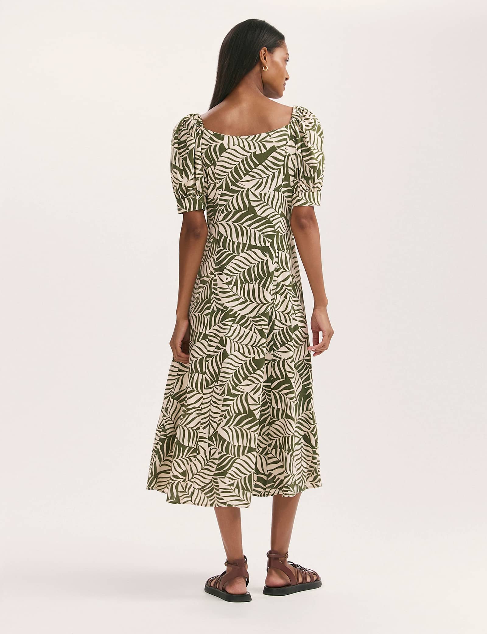 Leaf Print Square Neck Midi Tea Dress - image 4