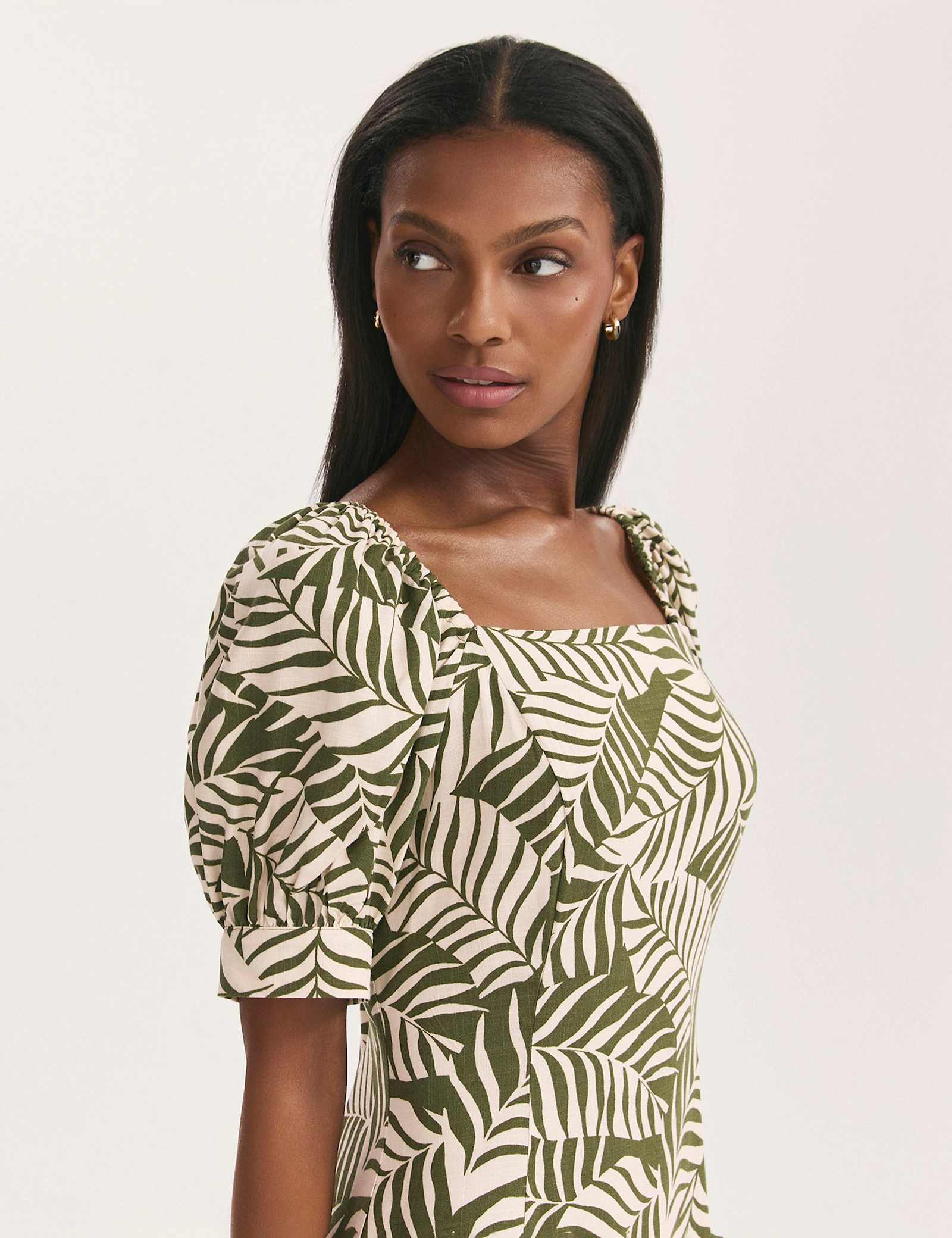 Leaf Print Square Neck Midi Tea Dress - image 3