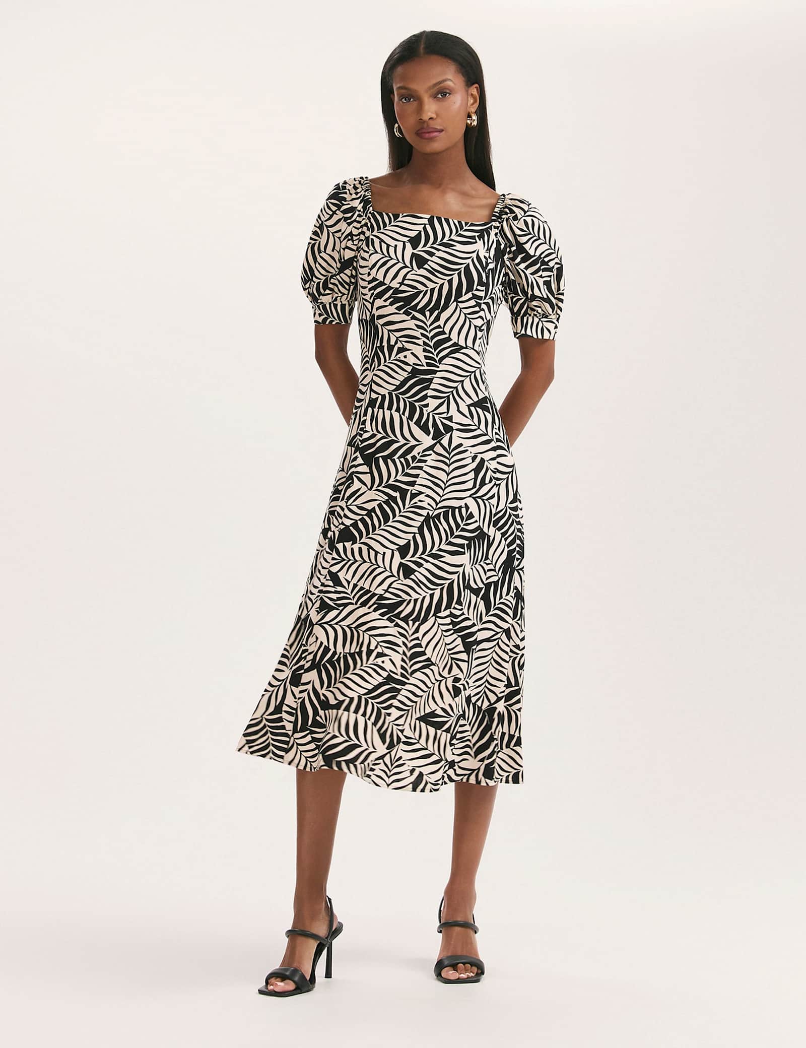 Leaf Print Square Neck Midi Tea Dress - image 1