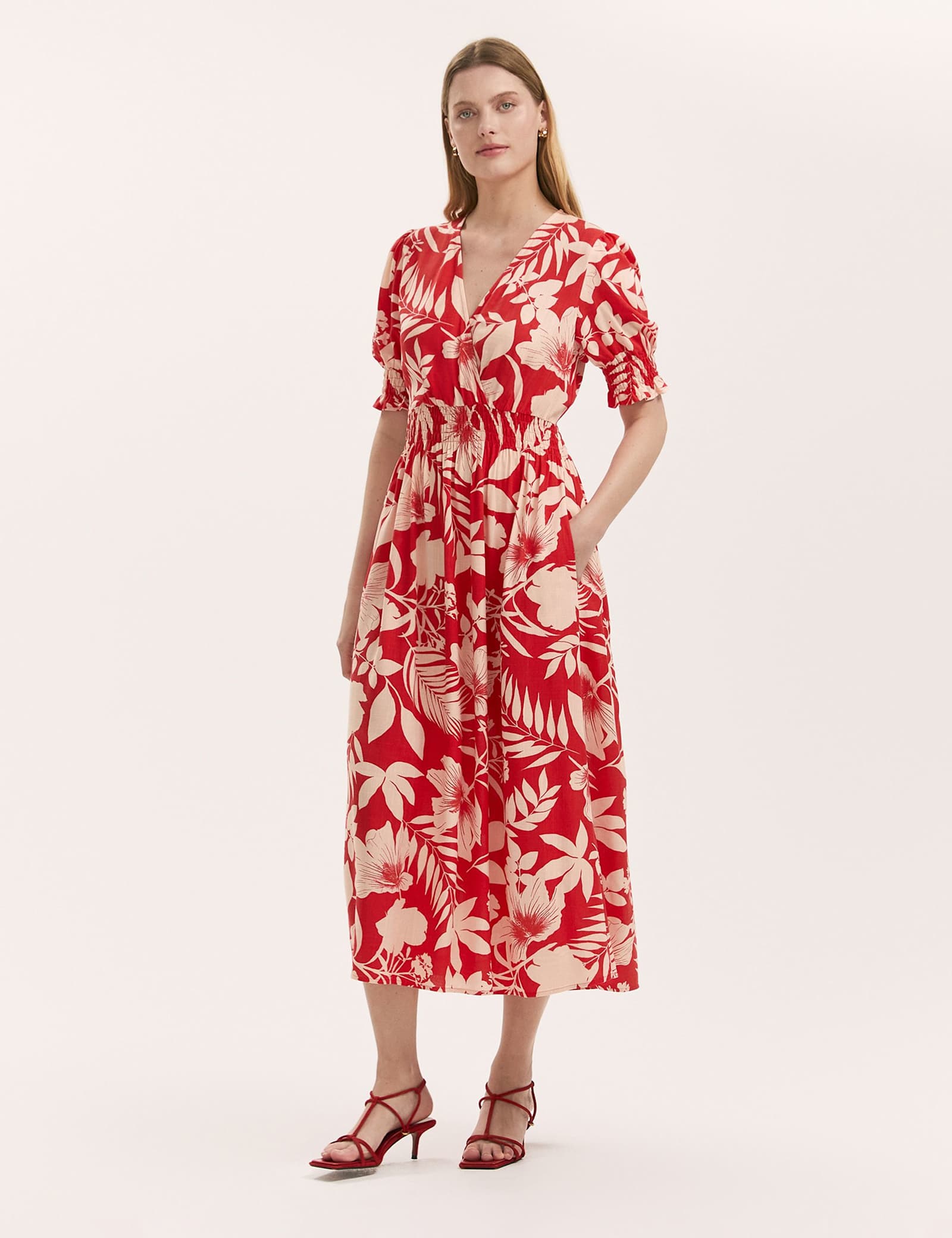 Floral V-Neck Puff Sleeve Midi Waisted Dress - image 1