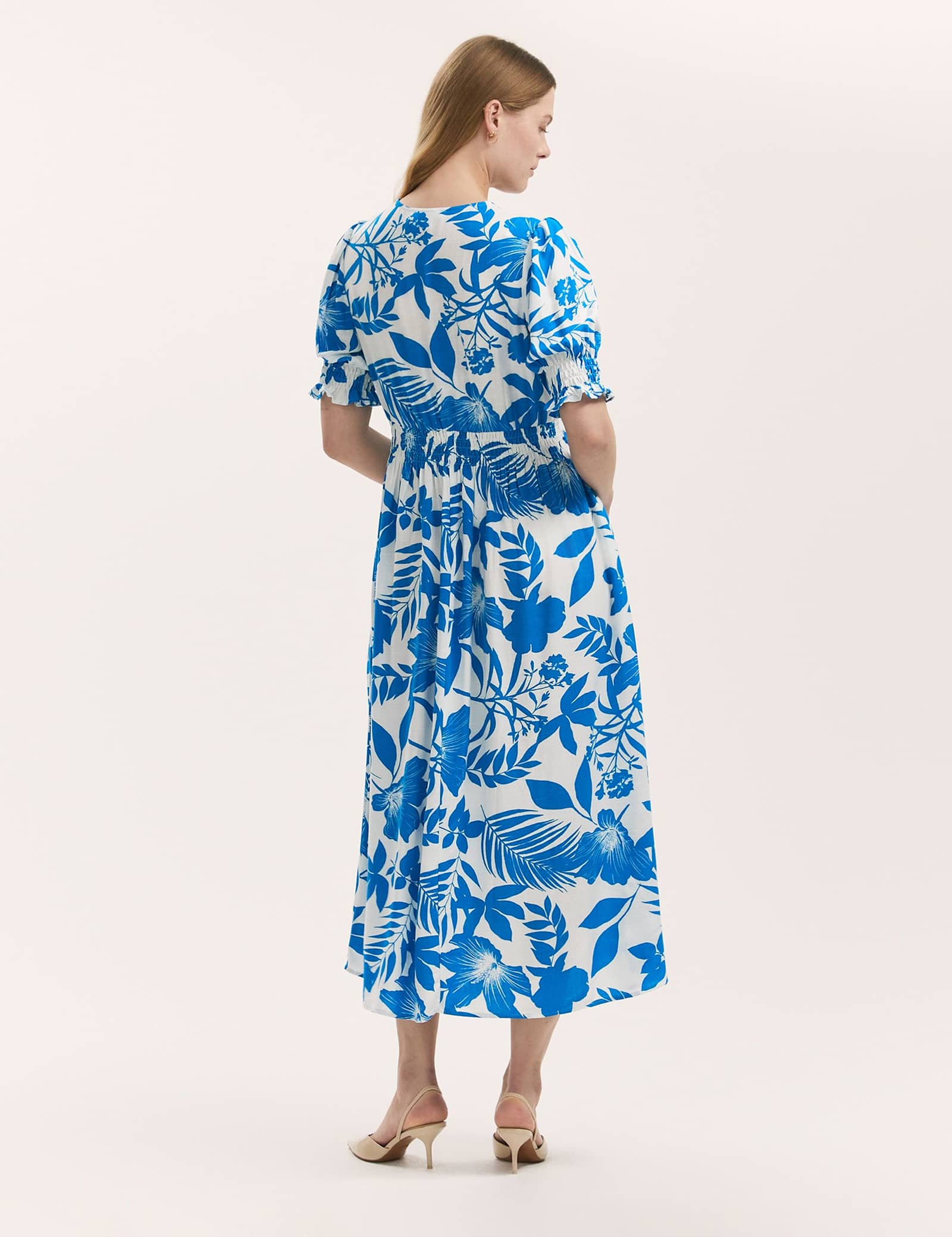 Floral V-Neck Puff Sleeve Midi Waisted Dress - image 5