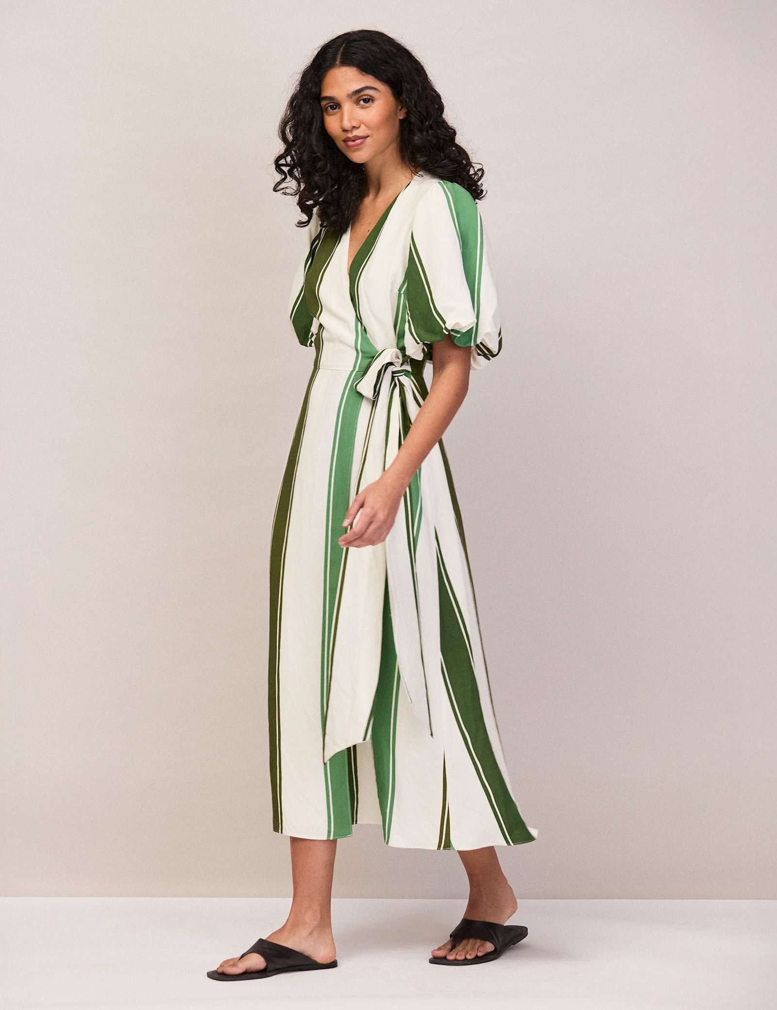 Striped V-Neck Midi Wrap Dress with Linen - image 2