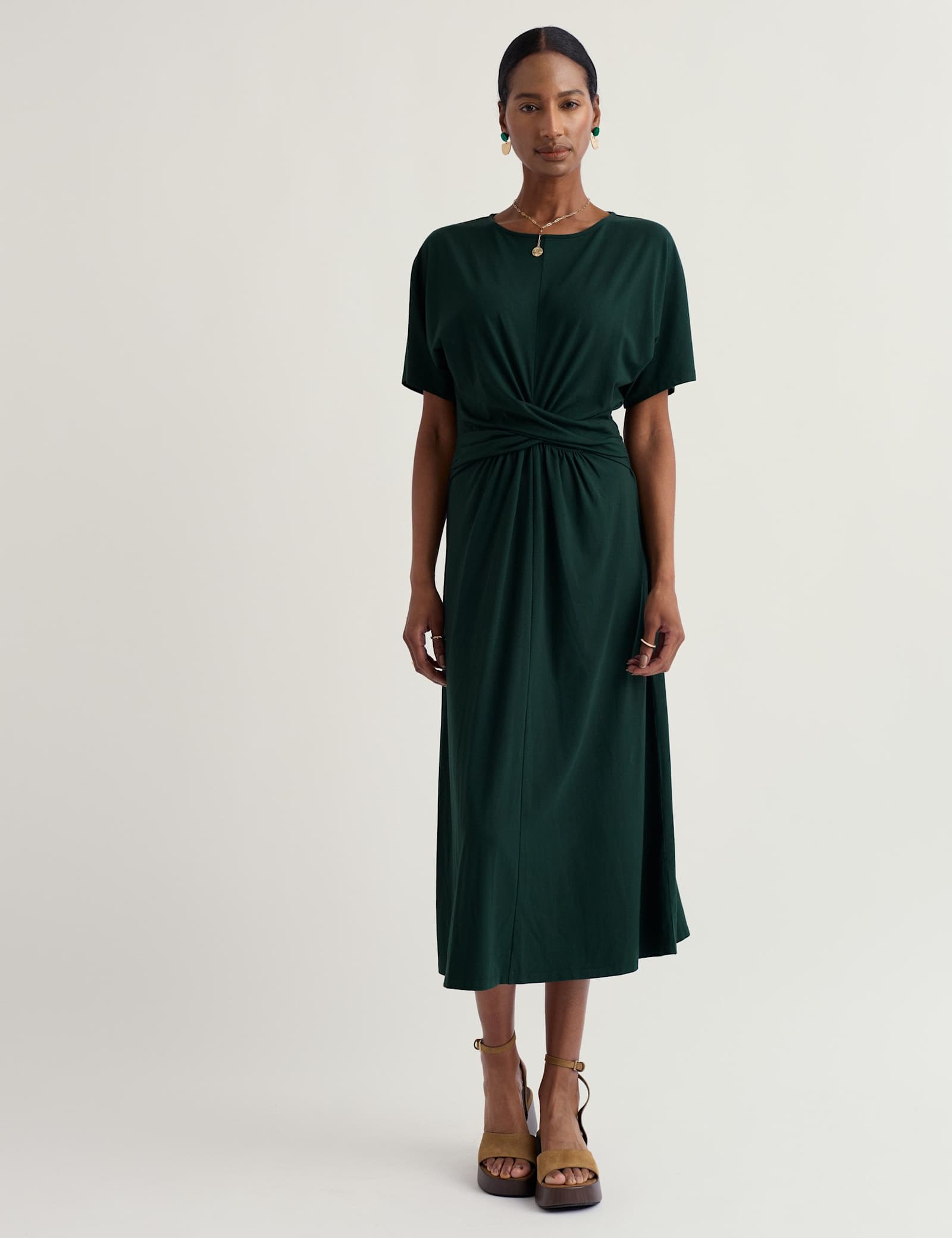 Cotton Rich Twist Front Midi Waisted Dress - image 2