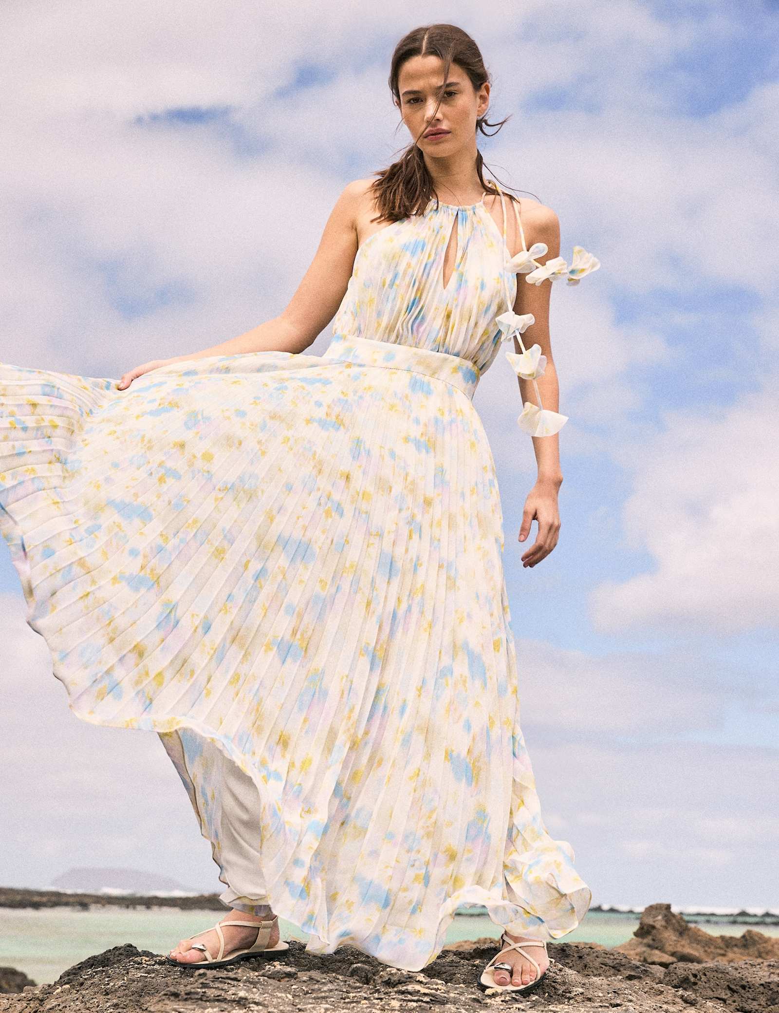 Floral Tie Neck Pleated Maxi Waisted Dress - image 3