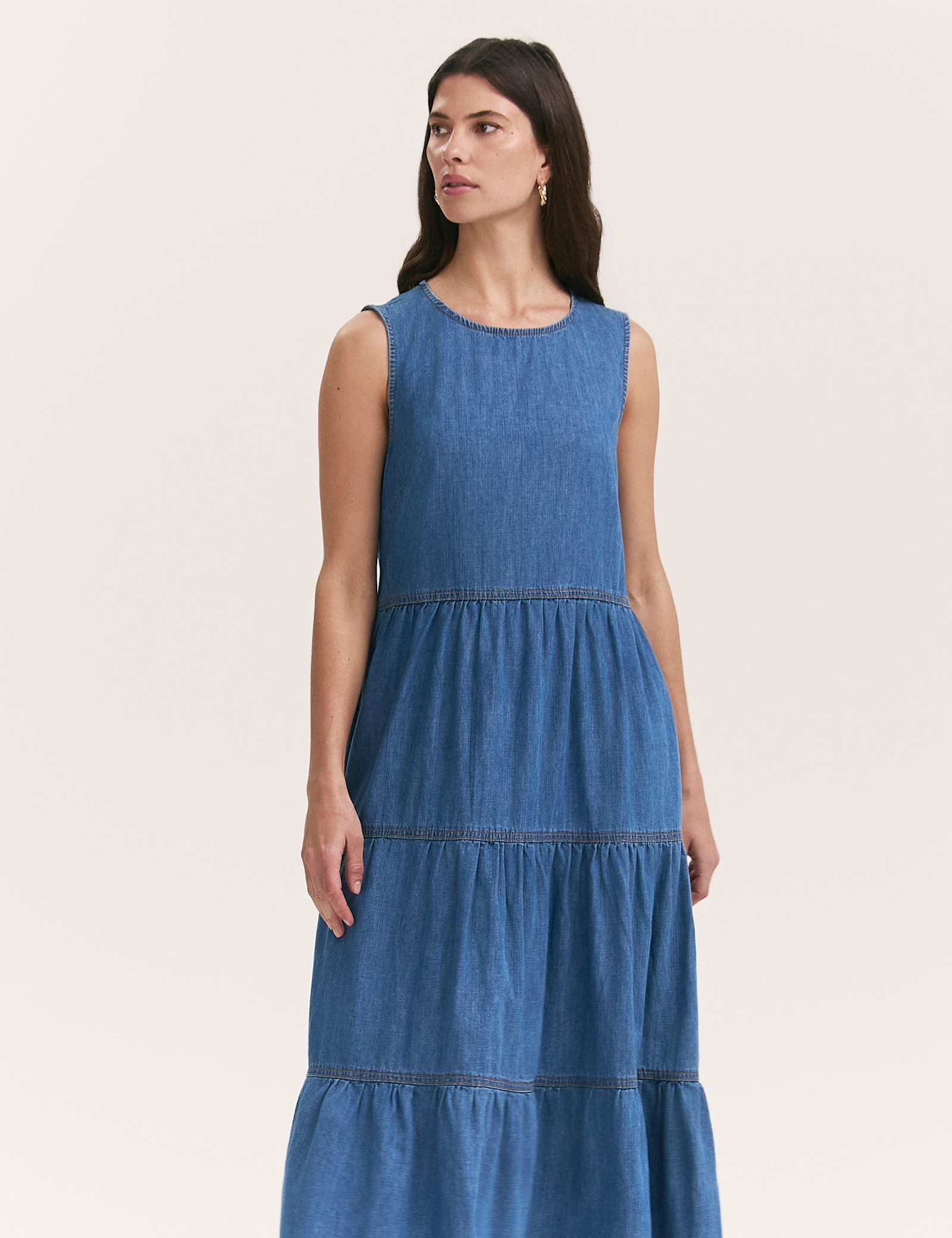 Pure Cotton Denim Midi Tiered Dress - image 5