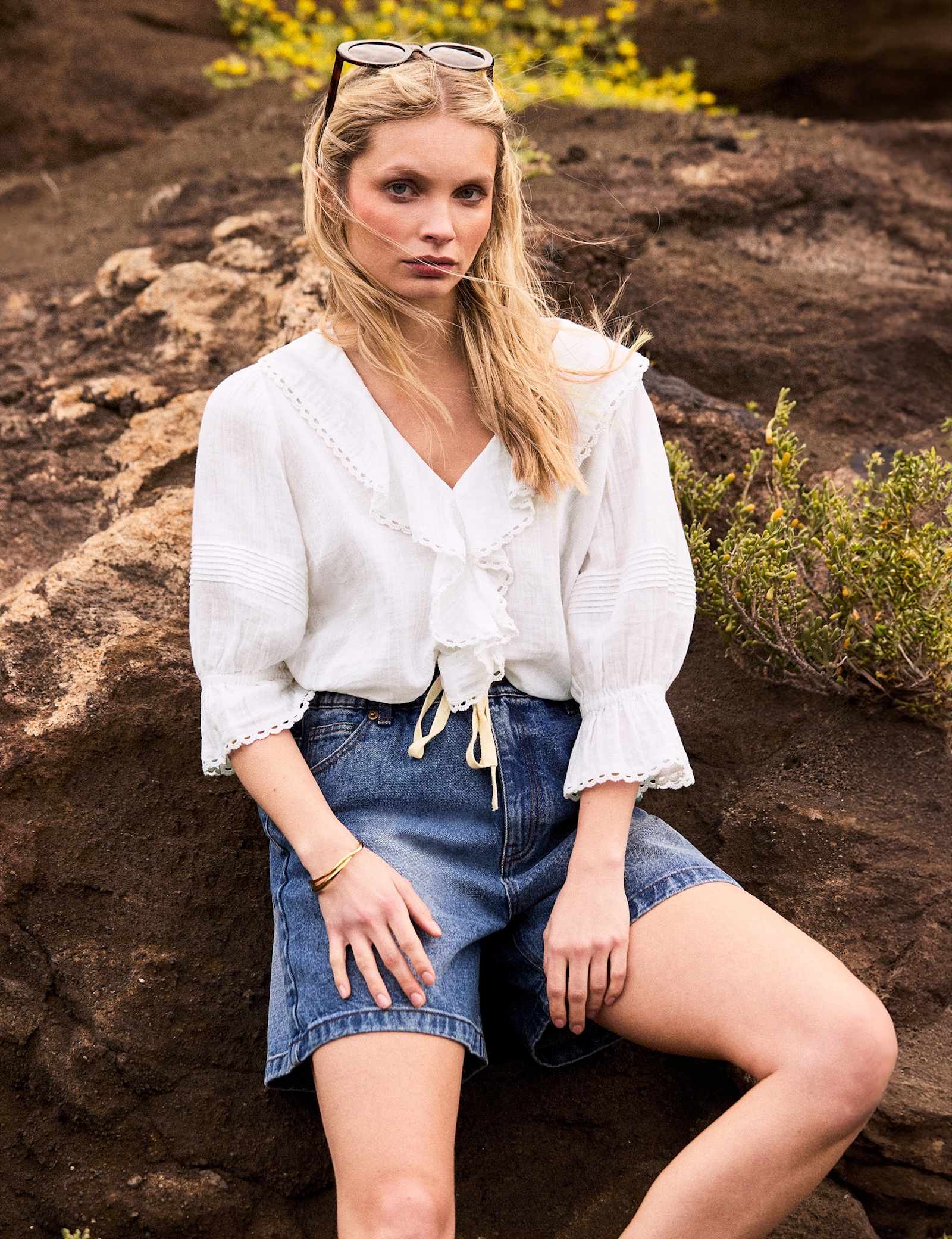 Pure Cotton V-Neck Ruffle Relaxed Blouse - image 3
