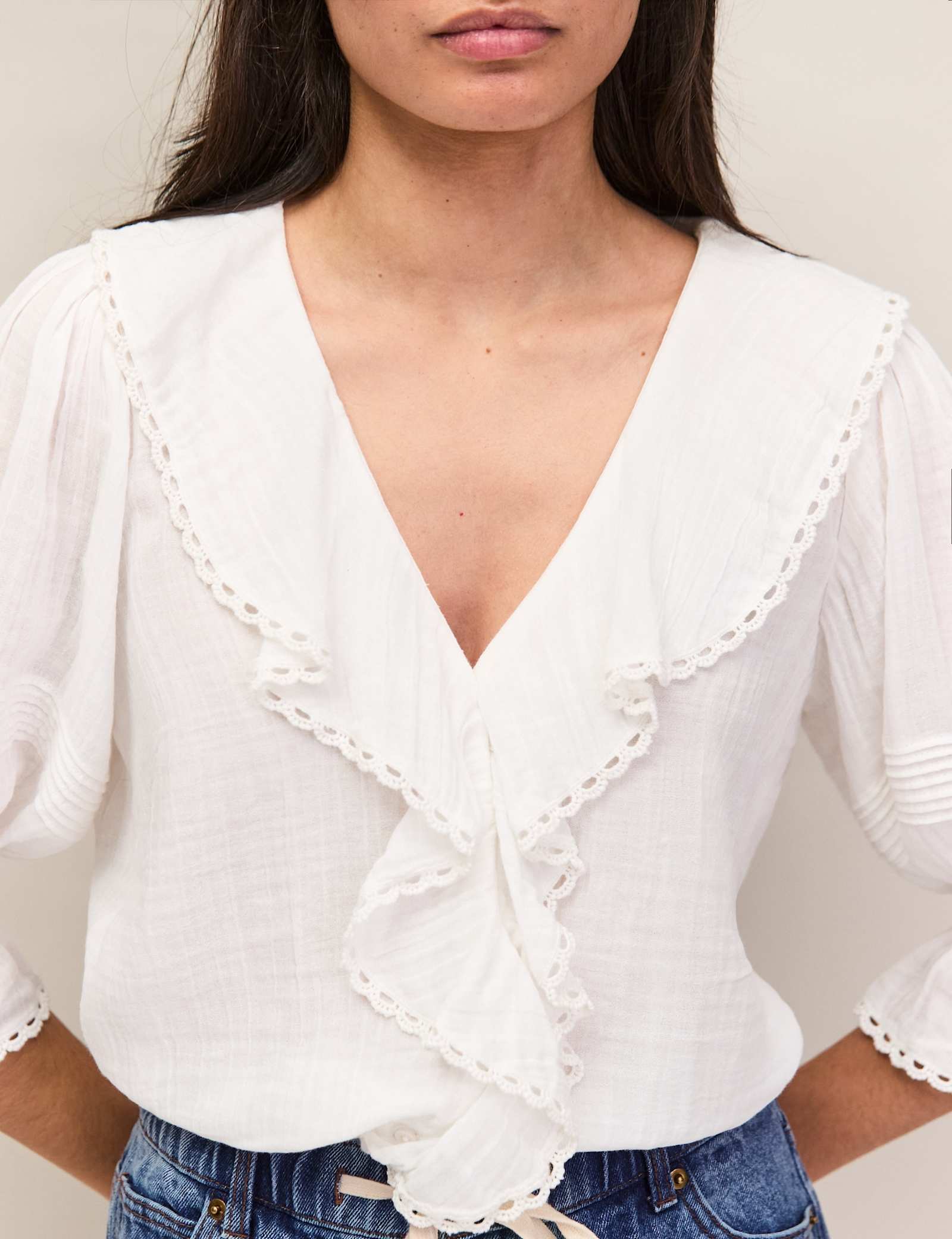 Pure Cotton V-Neck Ruffle Relaxed Blouse - image 5