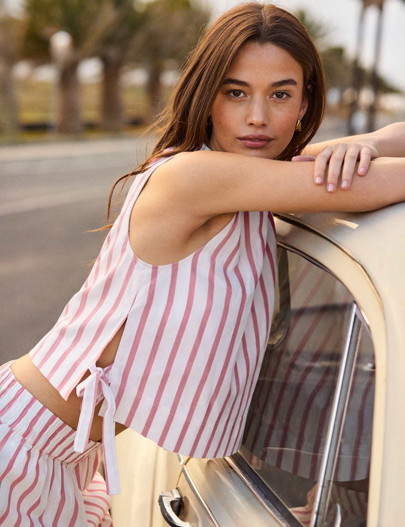 Cotton Blend Striped Tie Detail Shell Top - image 4