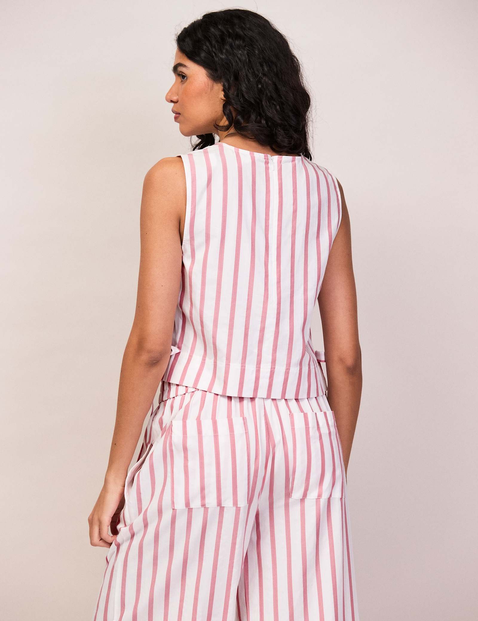 Cotton Blend Striped Tie Detail Shell Top - image 3