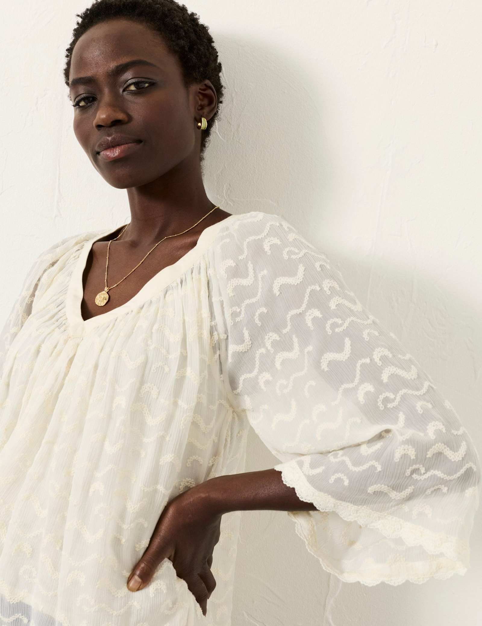 Embroidered V-Neck Scallop Trim Blouse - image 4