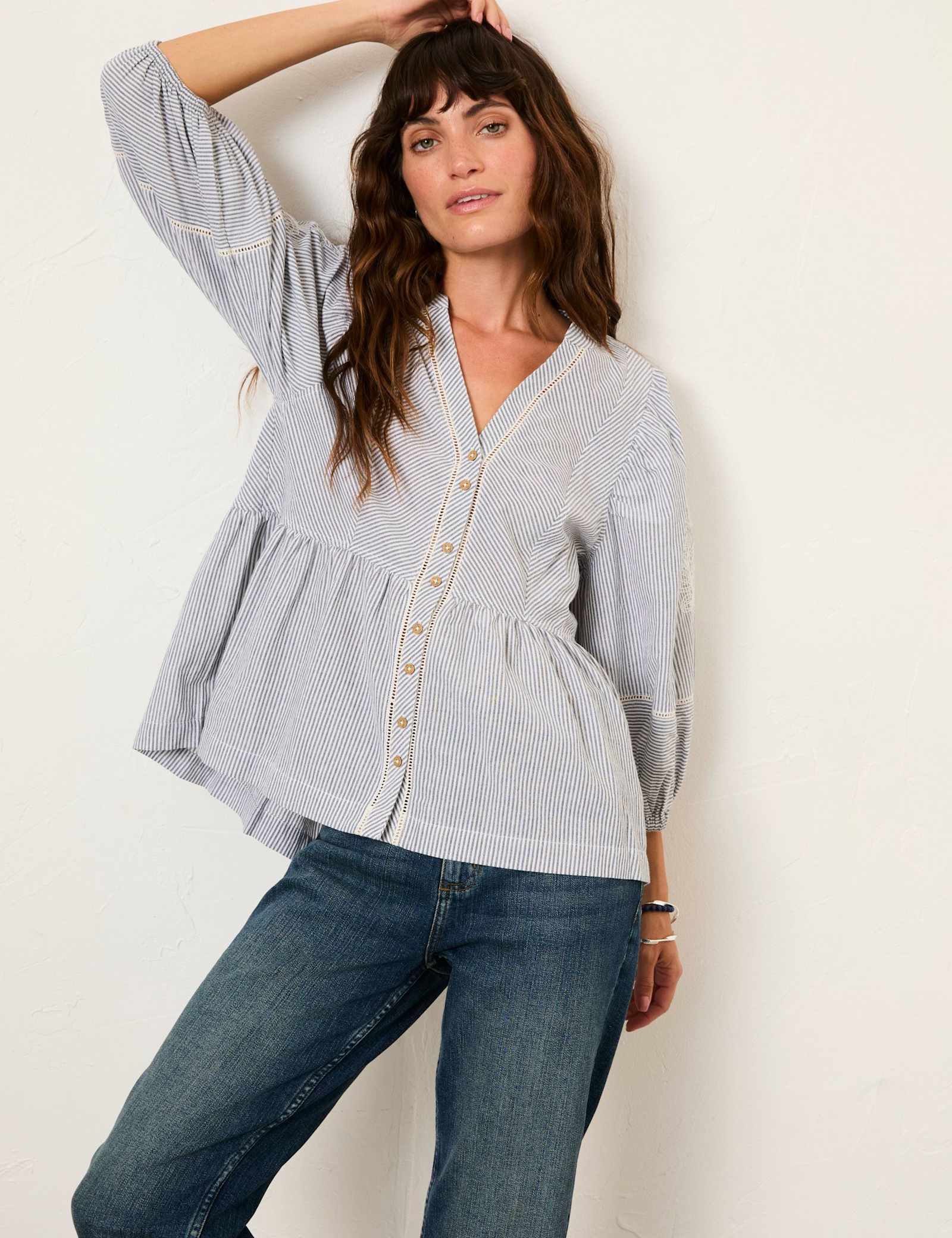 Pure Cotton Embroidered Striped V-Neck Blouse - image 5