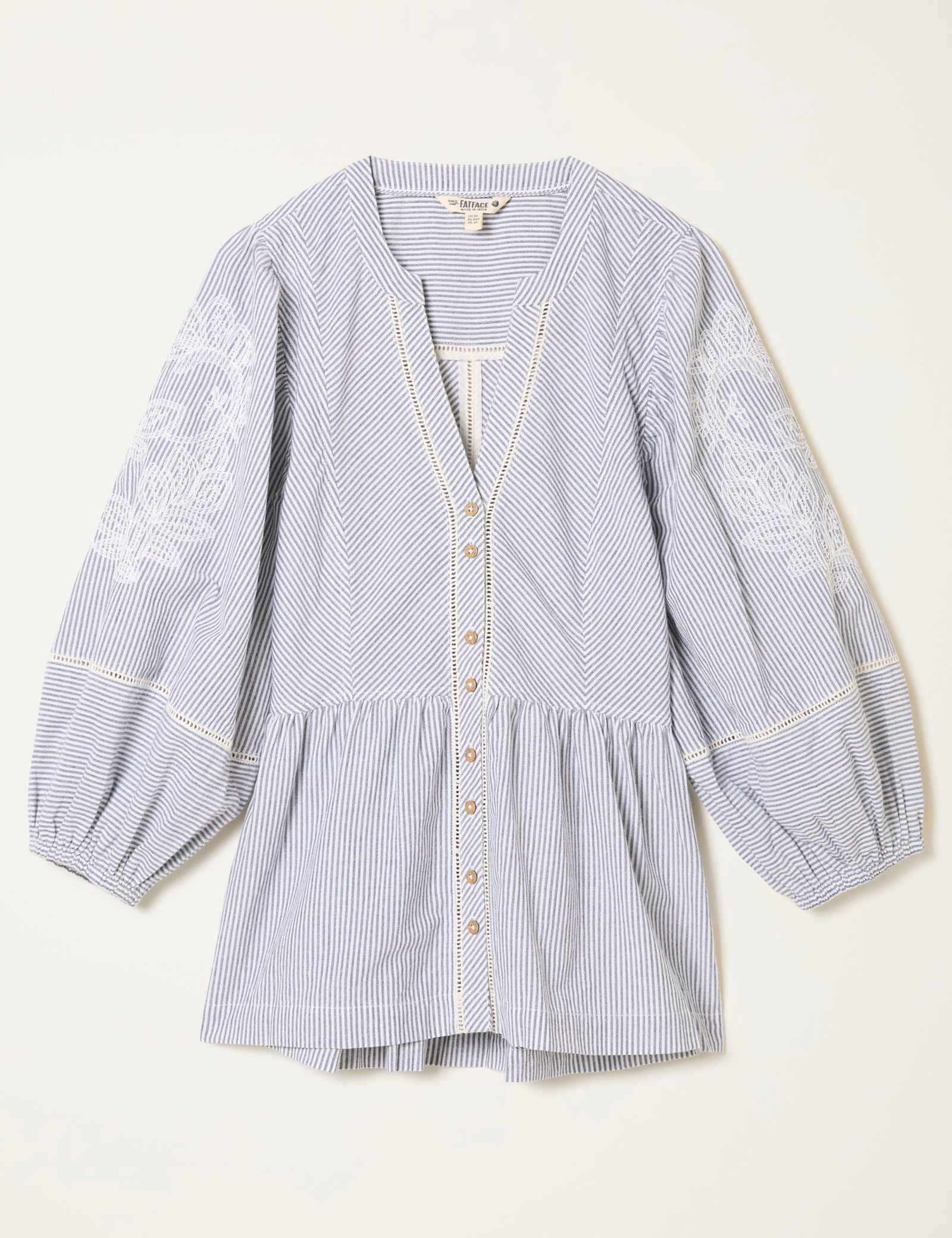 Pure Cotton Embroidered Striped V-Neck Blouse - image 1