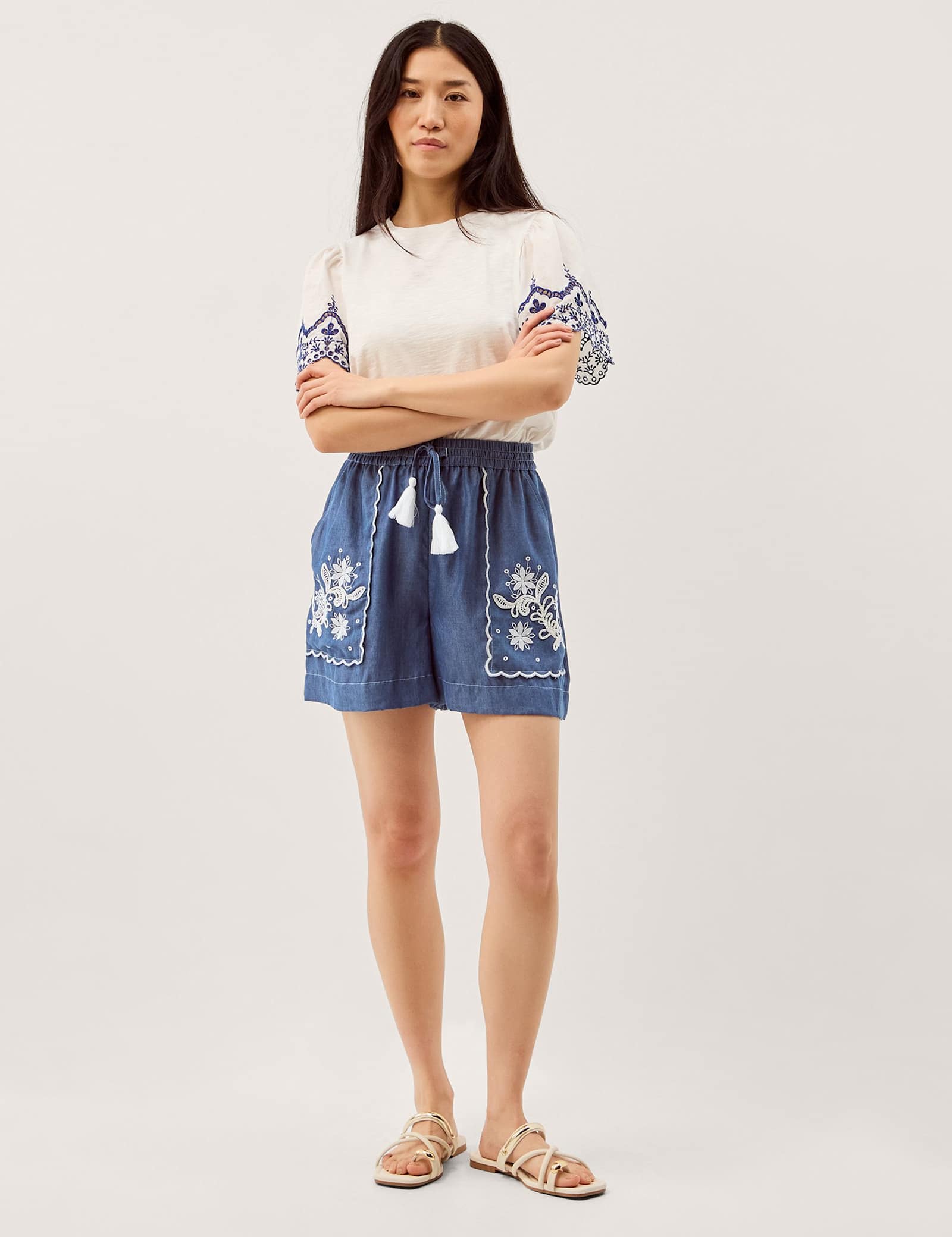 Lyocell Denim Embroidered Drawstring Shorts - image 1