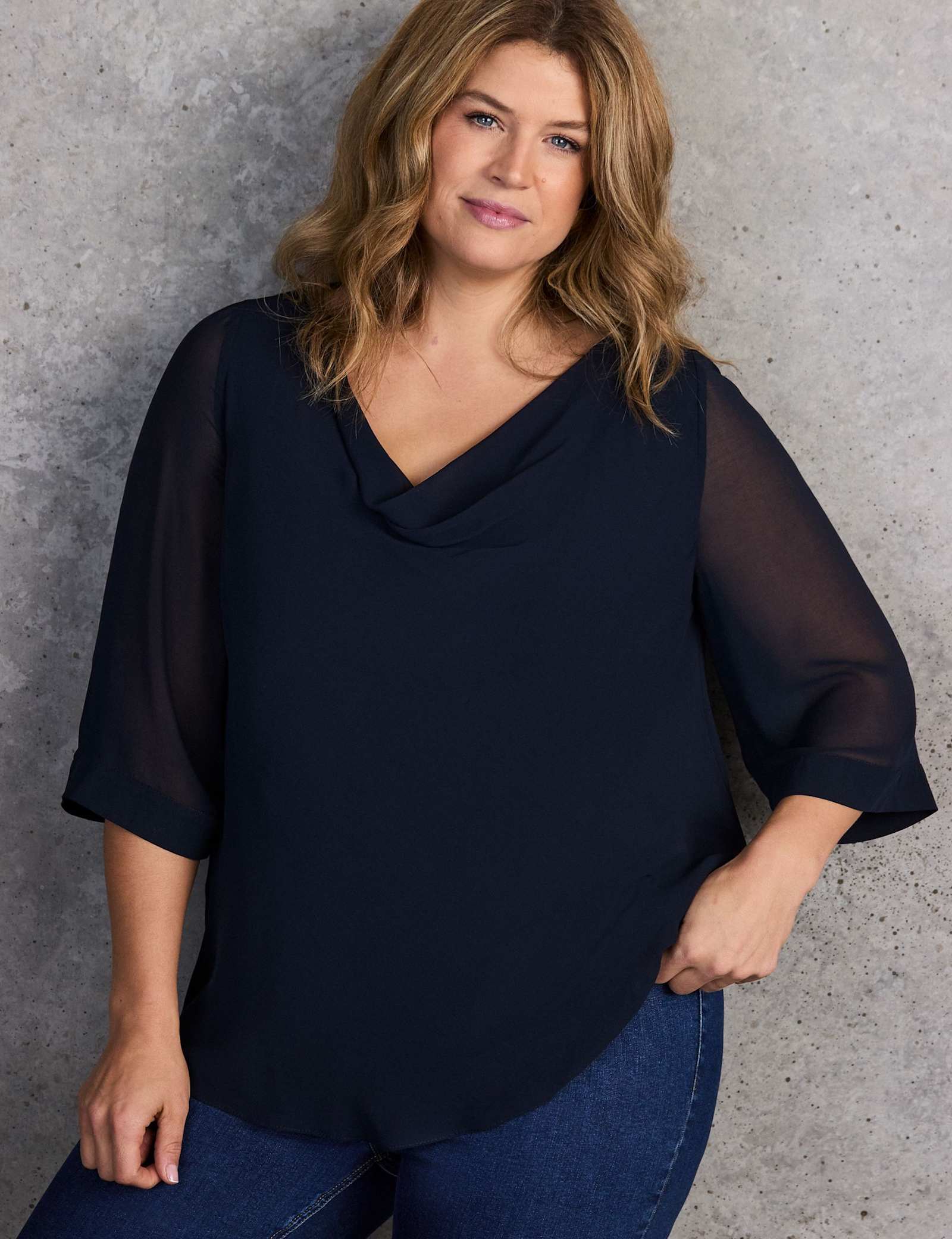 Cowl Neck Sheer Sleeve Blouse - image 1