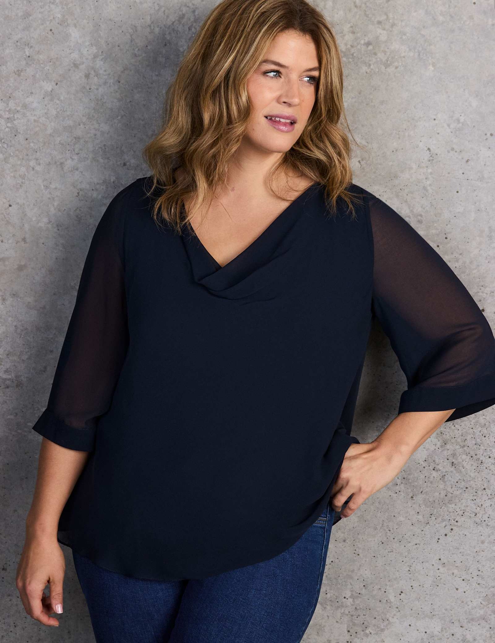 Cowl Neck Sheer Sleeve Blouse - image 2