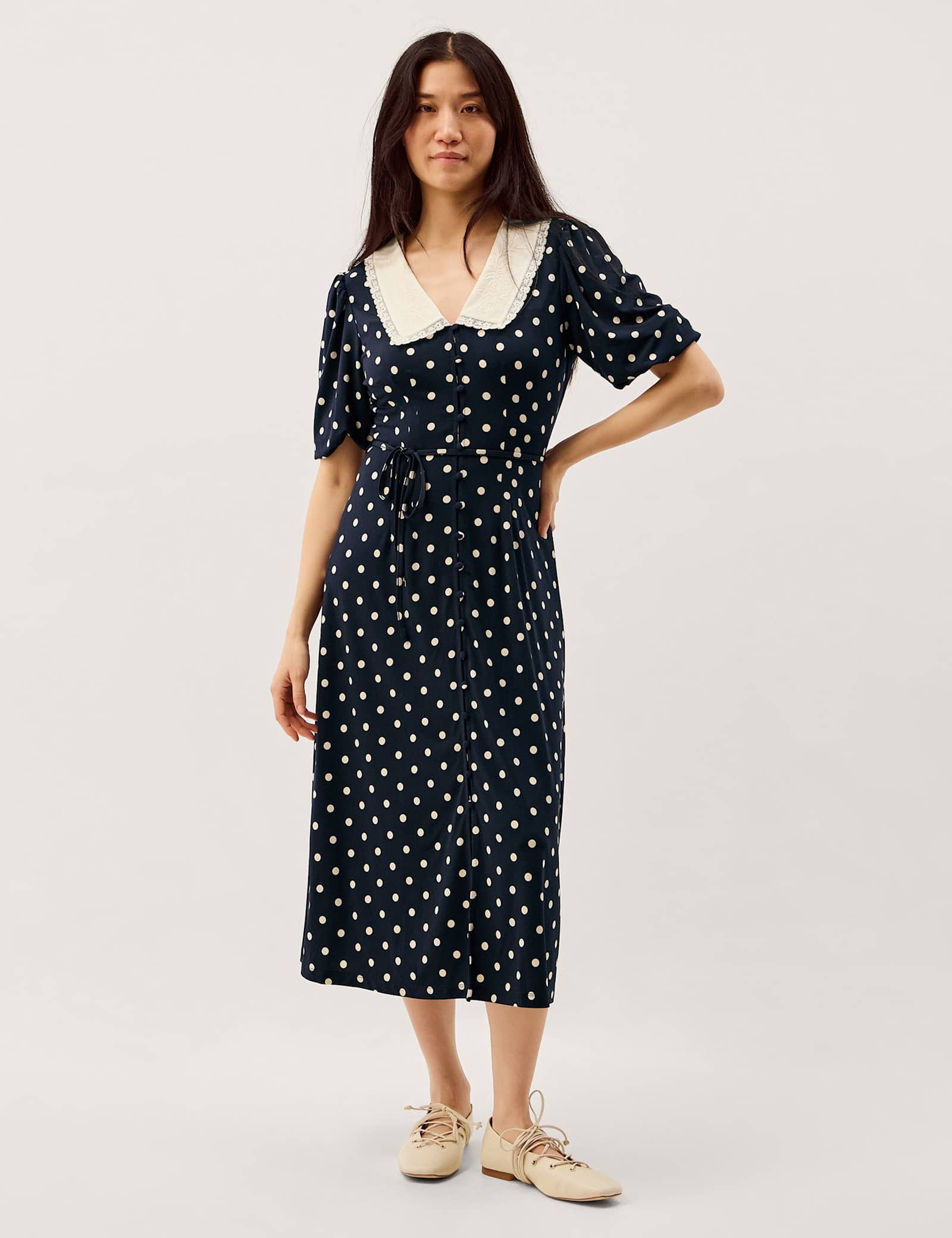 Jersey Polka Dot Collared Midi Shirt Dress - image 2