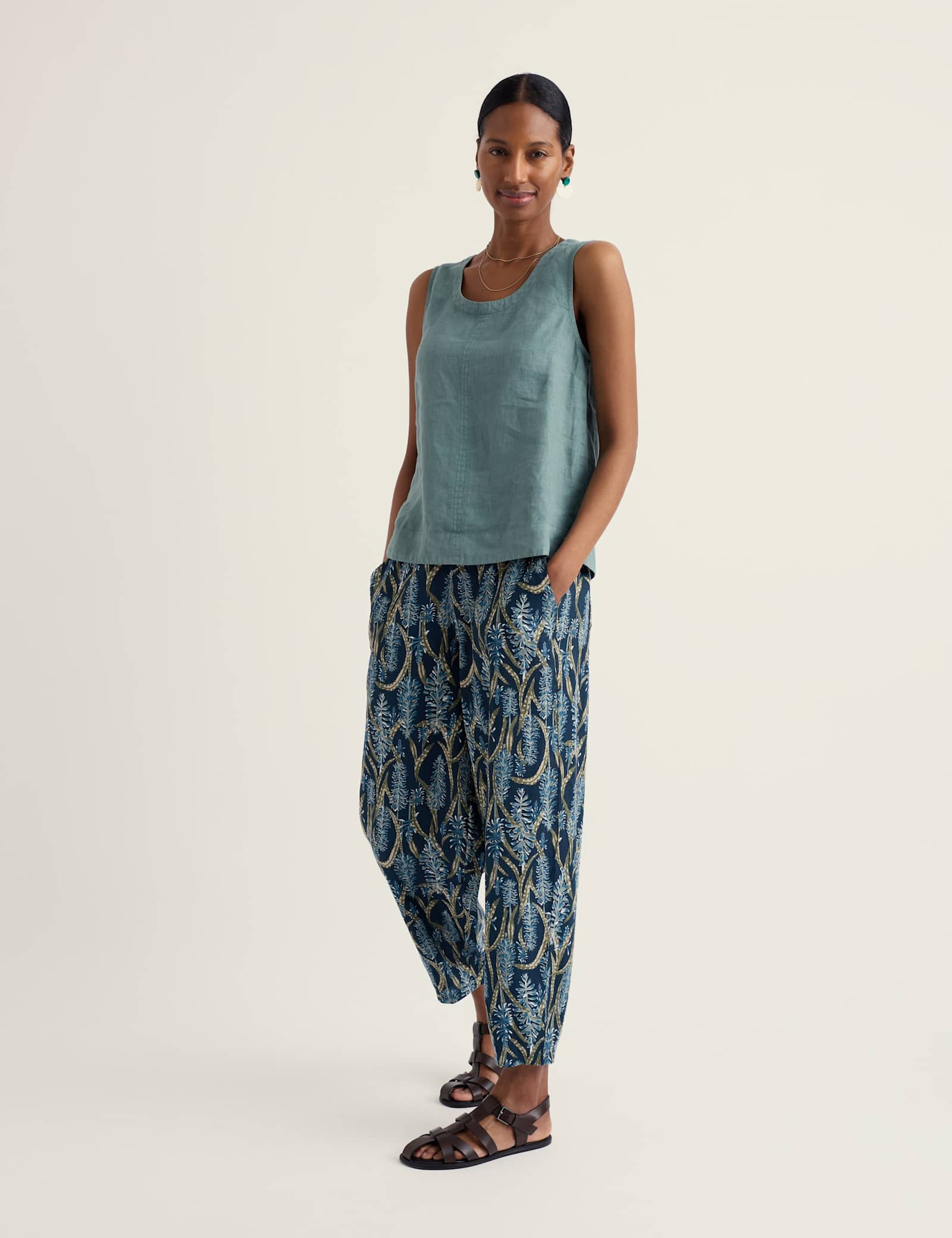 Pure Linen Floral Tapered Cropped Trousers - image 2