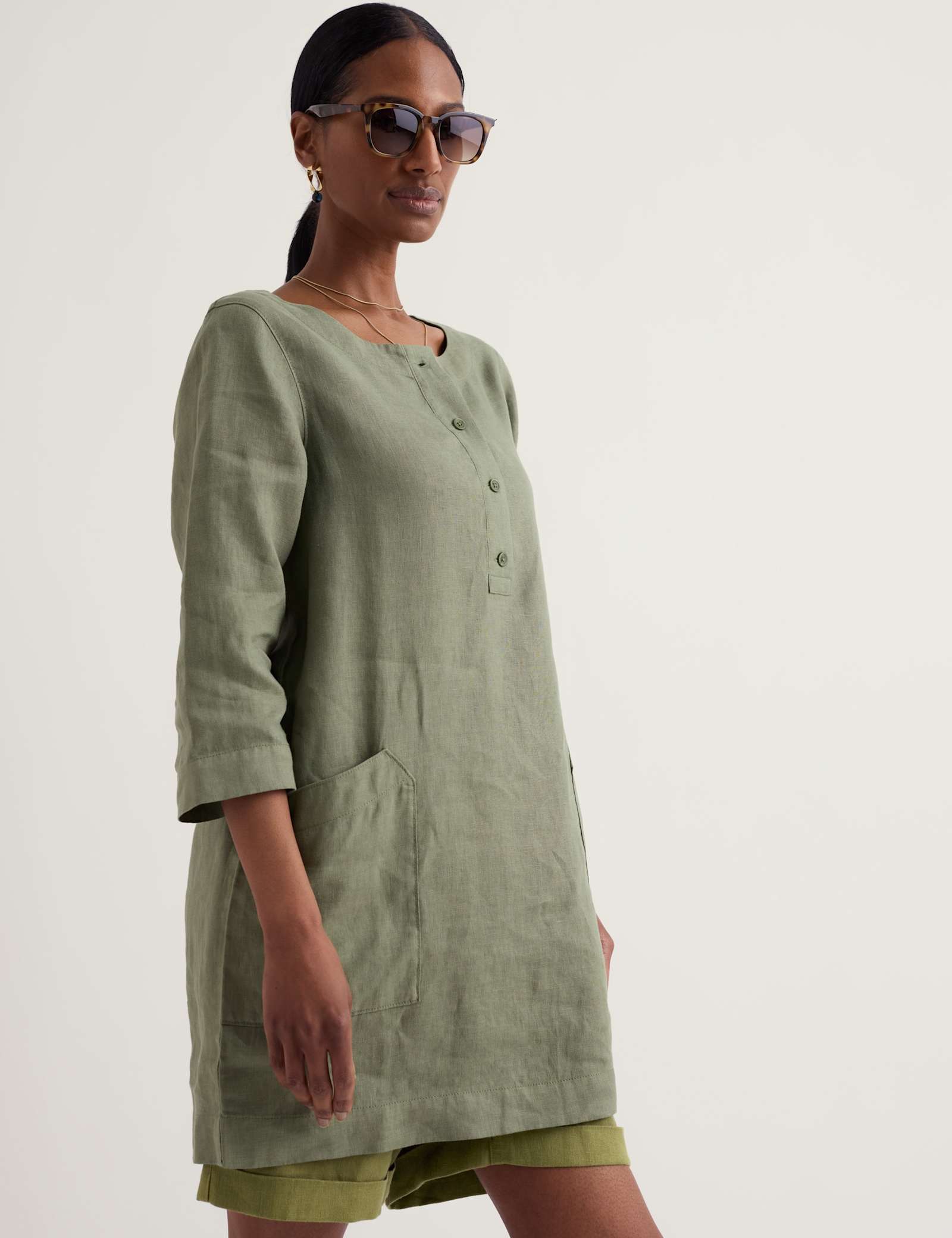 Pure Linen Scoop Neck Pocket Half Placket Tunic - image 2