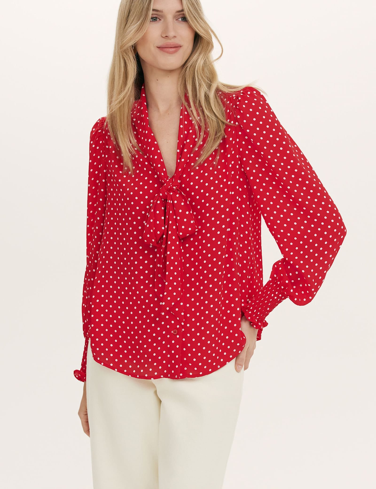 Polka Dot Tie Neck Blouson Sleeve Blouse - image 2