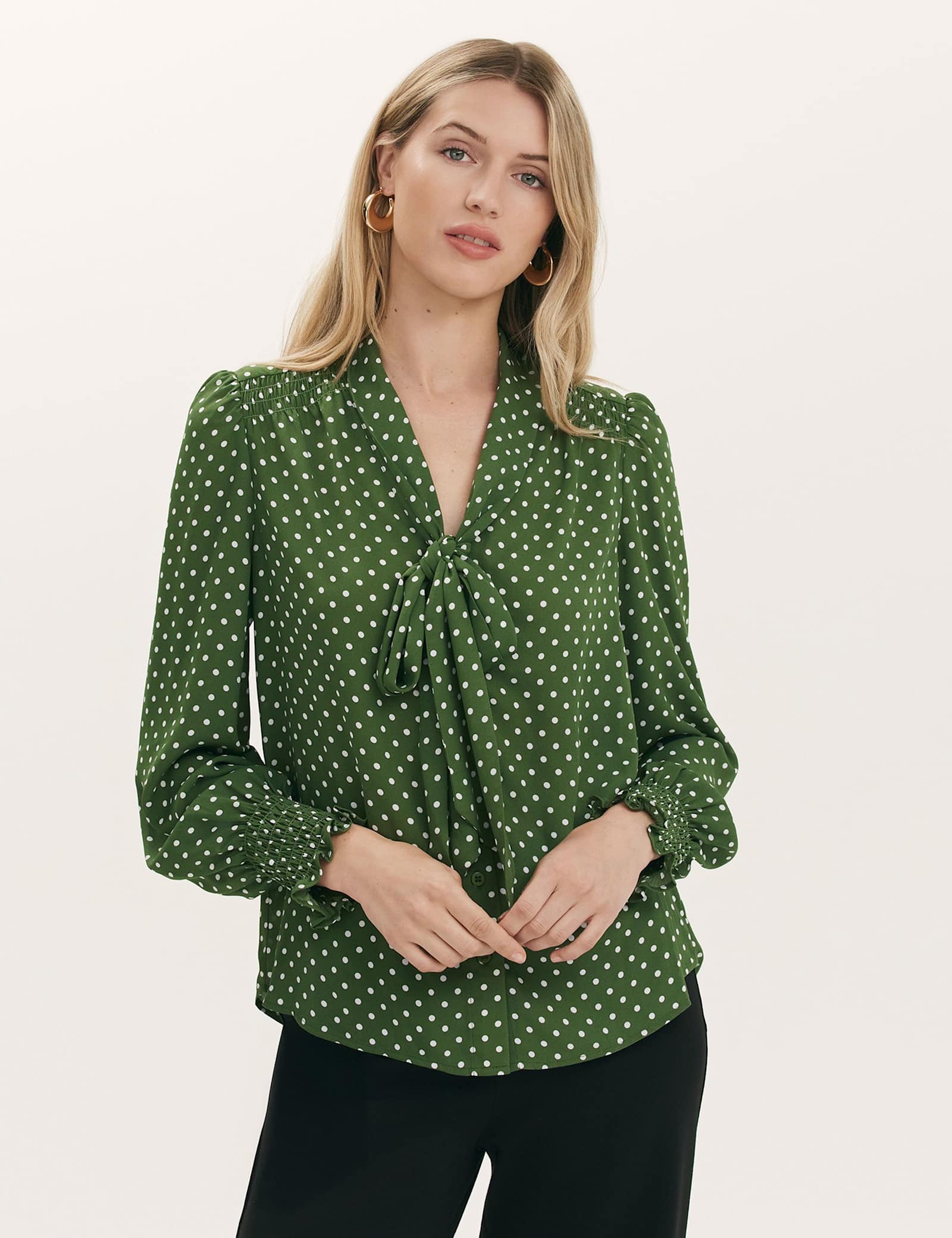Polka Dot Tie Neck Blouson Sleeve Blouse - image 4