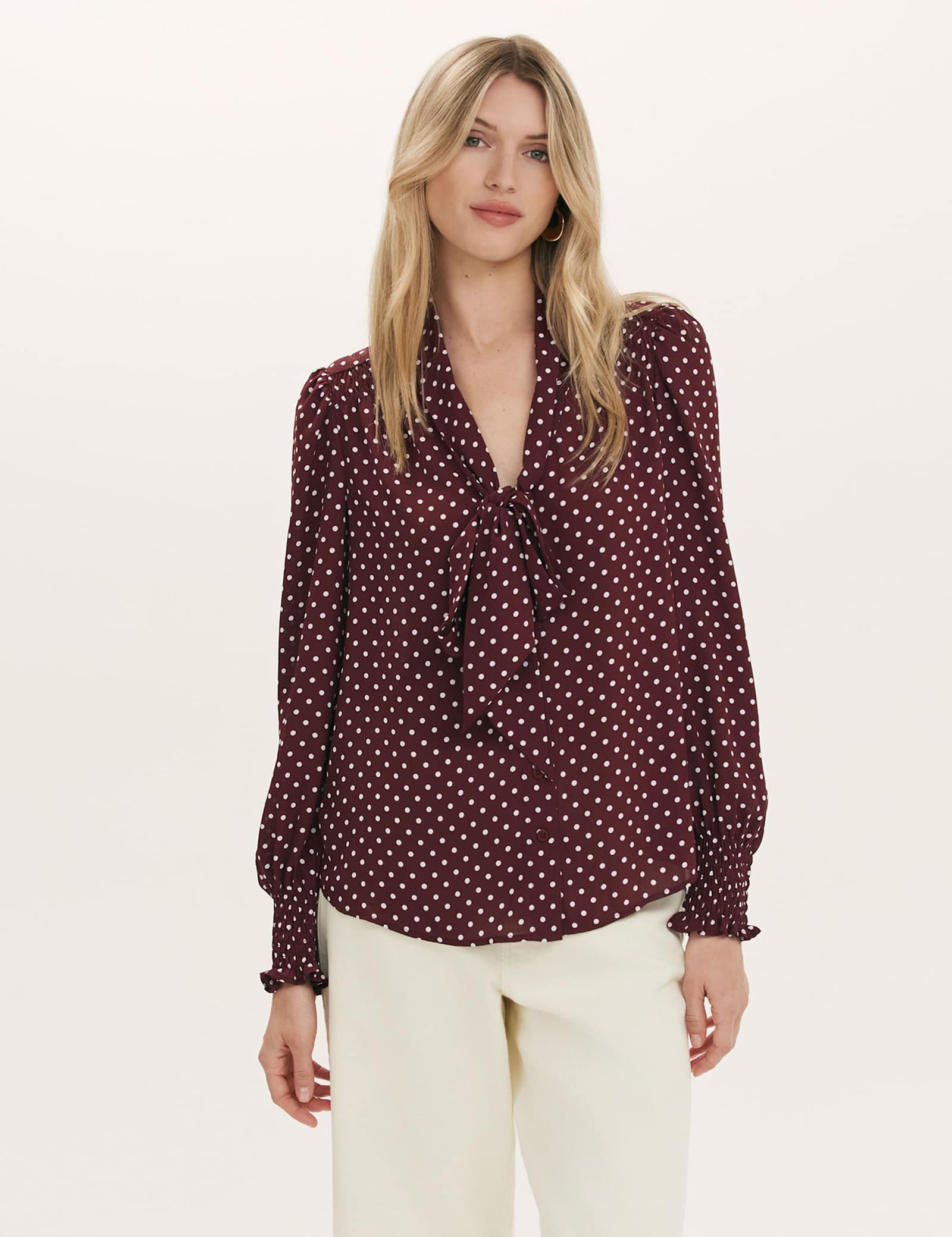 Polka Dot Tie Neck Blouson Sleeve Blouse - image 3