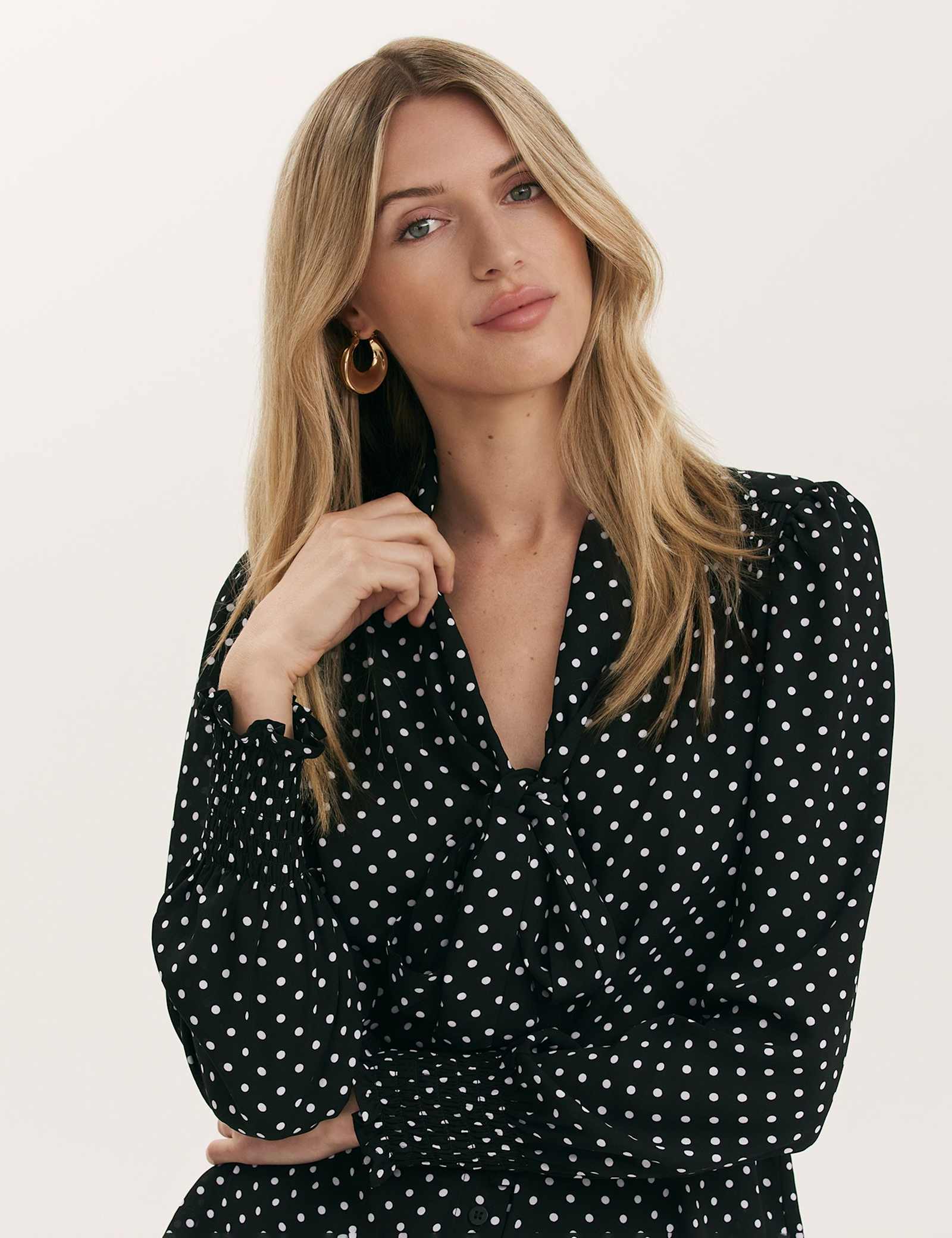 Polka Dot Tie Neck Blouson Sleeve Blouse - image 5