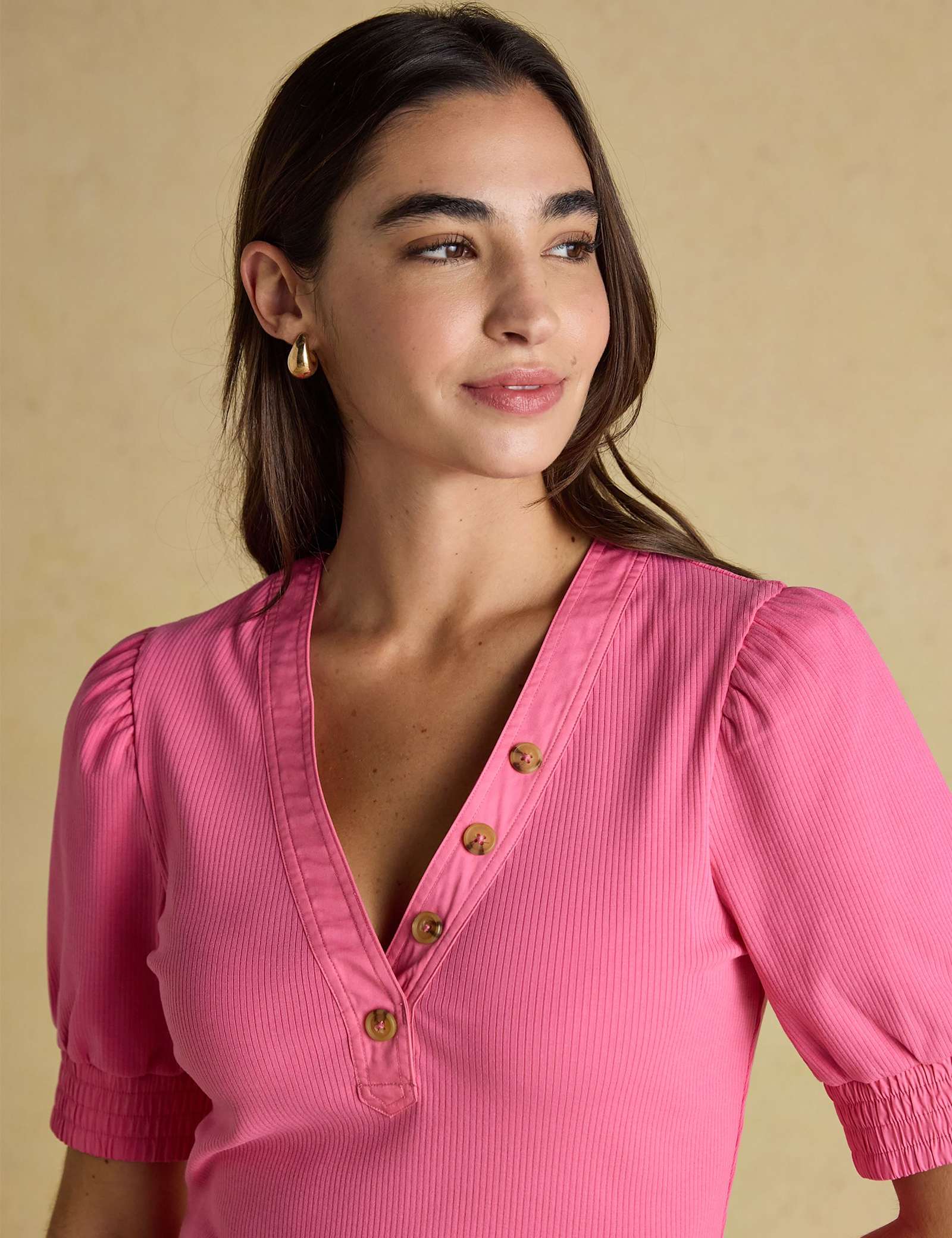Cotton Rich Ribbed V-Neck Puff Sleeve Top - image 5