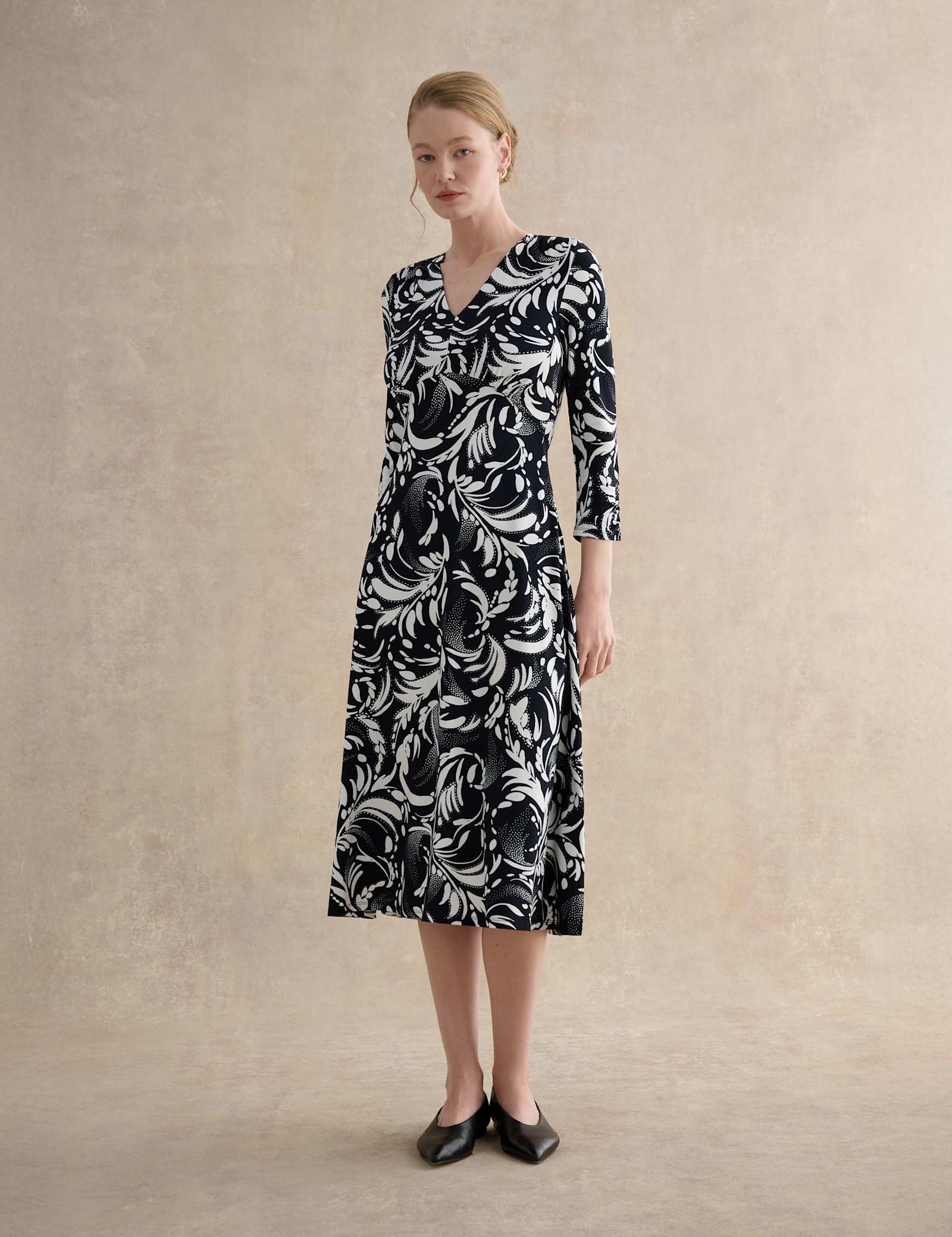 Printed V-Neck Midi Waisted Dress - image 2