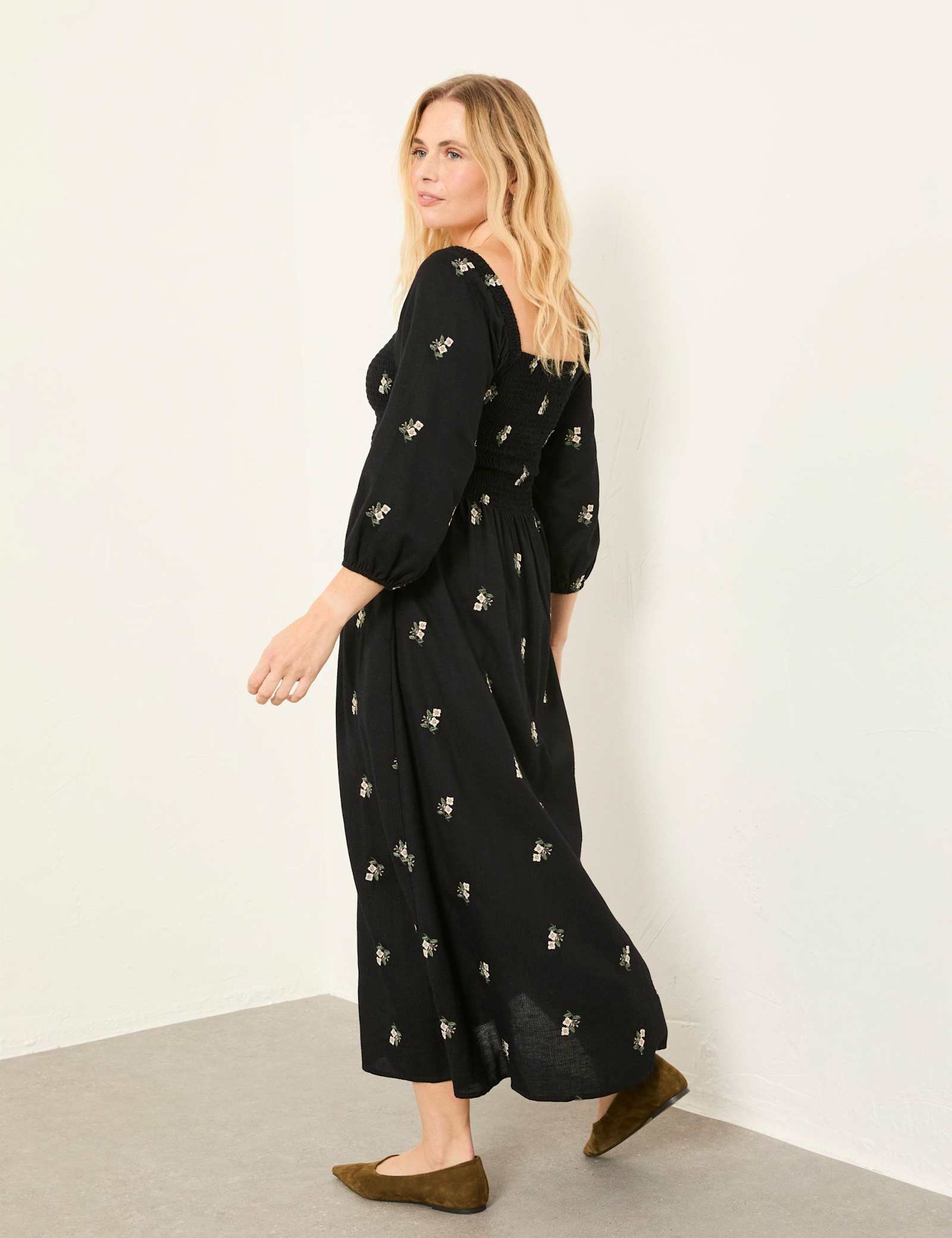 Floral Embroidery Shirred Midi Skater Dress - image 3
