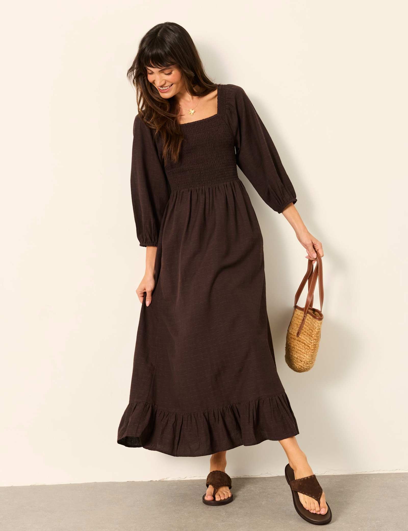 Cotton Blend Square Neck Midi Waisted Dress - image 5
