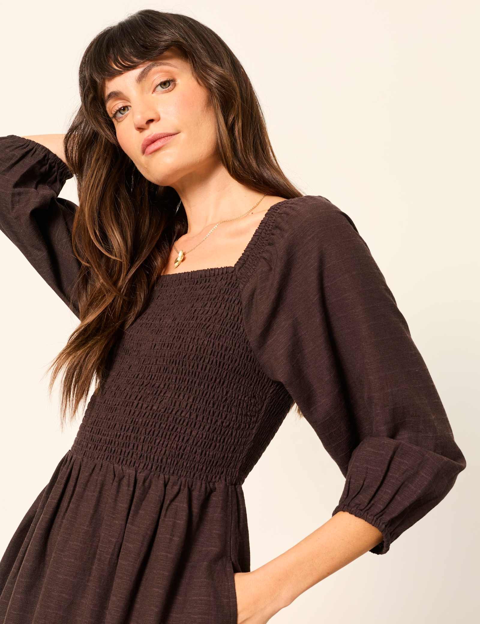 Cotton Blend Square Neck Midi Waisted Dress - image 3