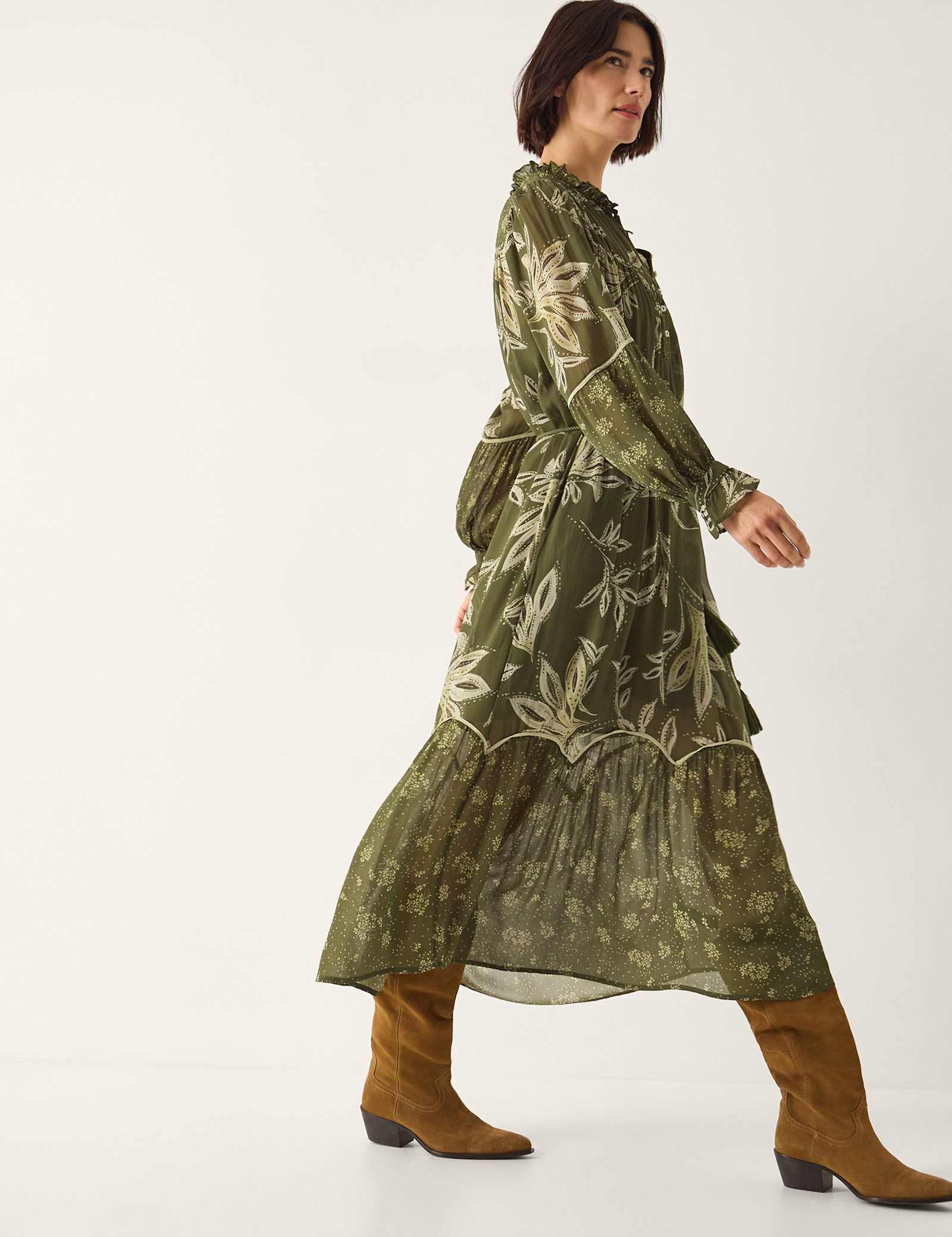 Floral Leaf Print Button Front Midi Tiered Dress - image 4