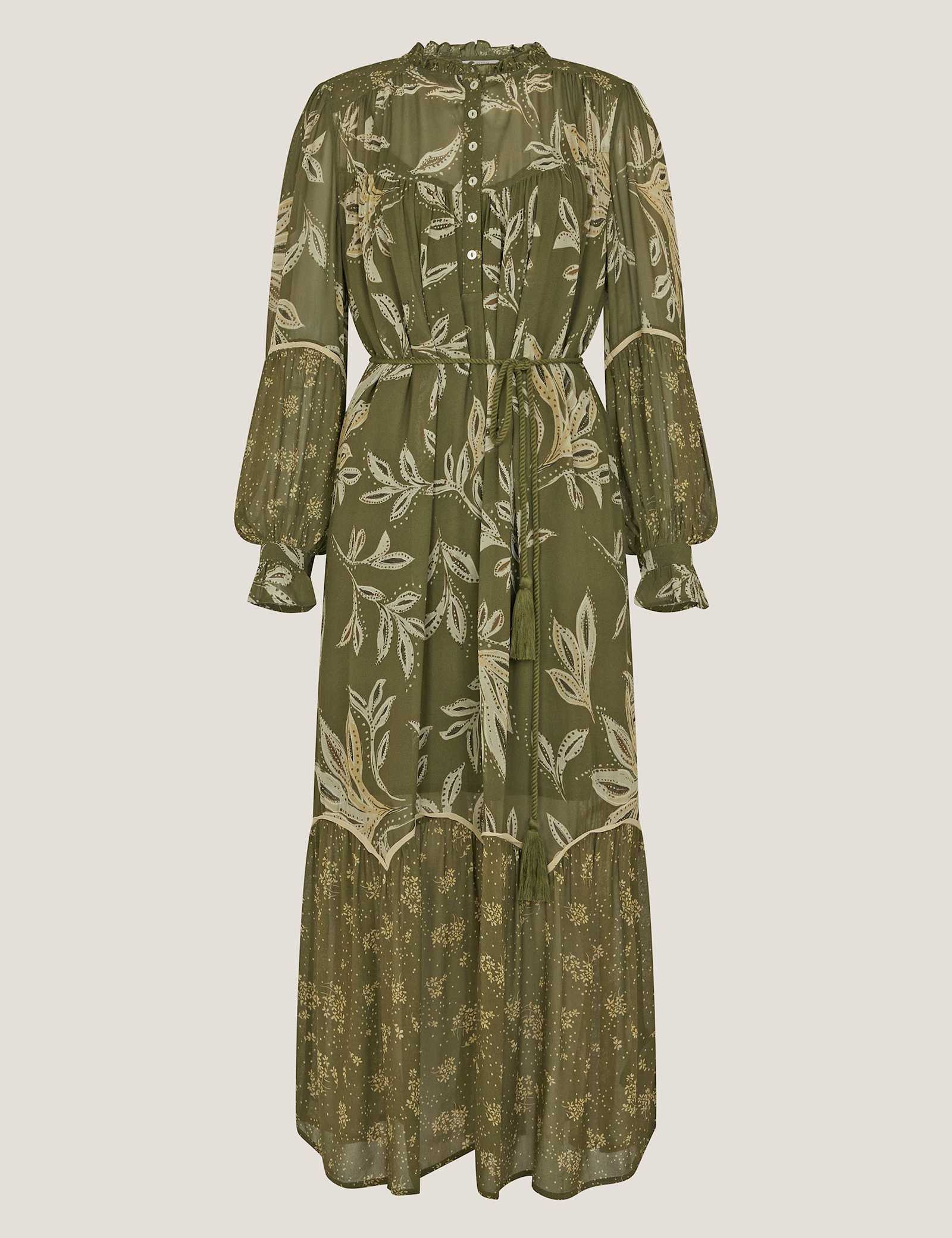 Floral Leaf Print Button Front Midi Tiered Dress - image 1