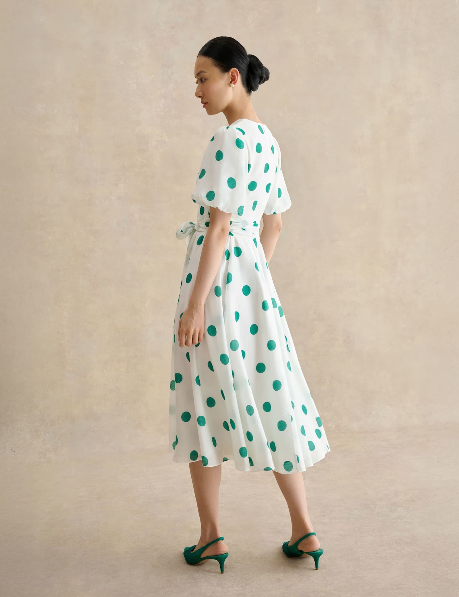 Polka Dot V-Neck Tie Waist Midi Skater Dress - image 5
