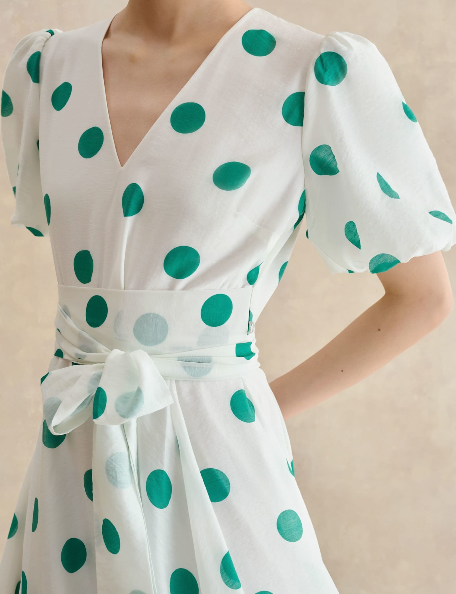 Polka Dot V-Neck Tie Waist Midi Skater Dress - image 3