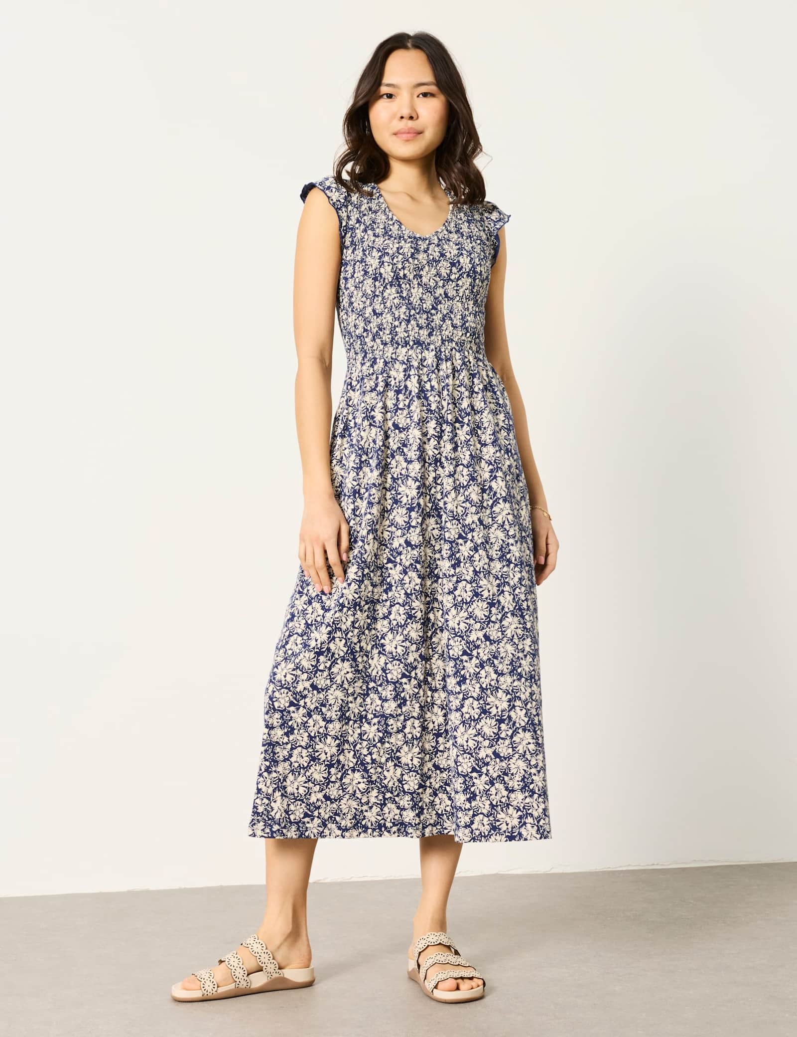 Pure Cotton Jersey Floral Midi Waisted Dress - image 2
