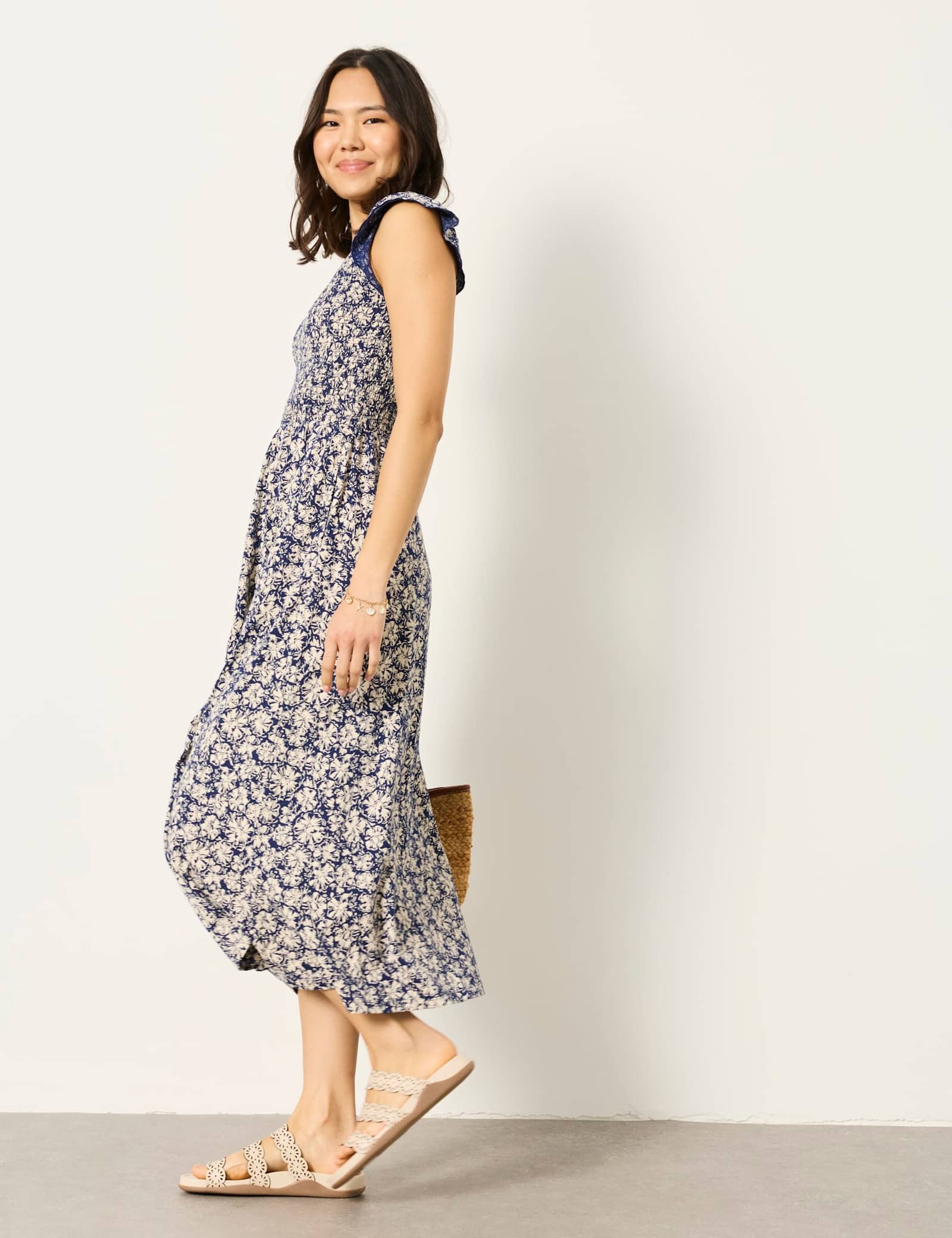 Pure Cotton Jersey Floral Midi Waisted Dress - image 4