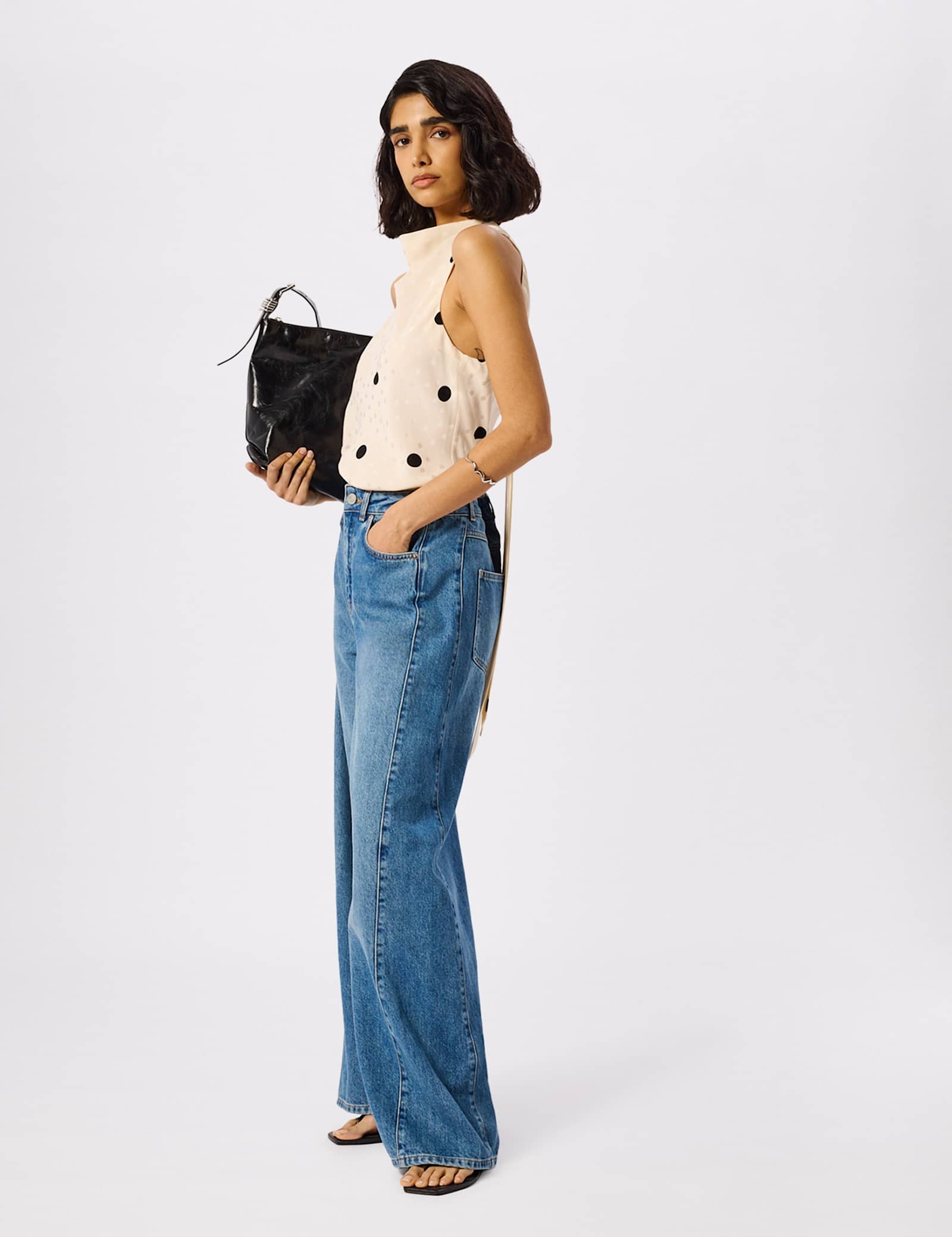 Satin Polka Dot Halter Neck Tie Detail Blouse - image 5
